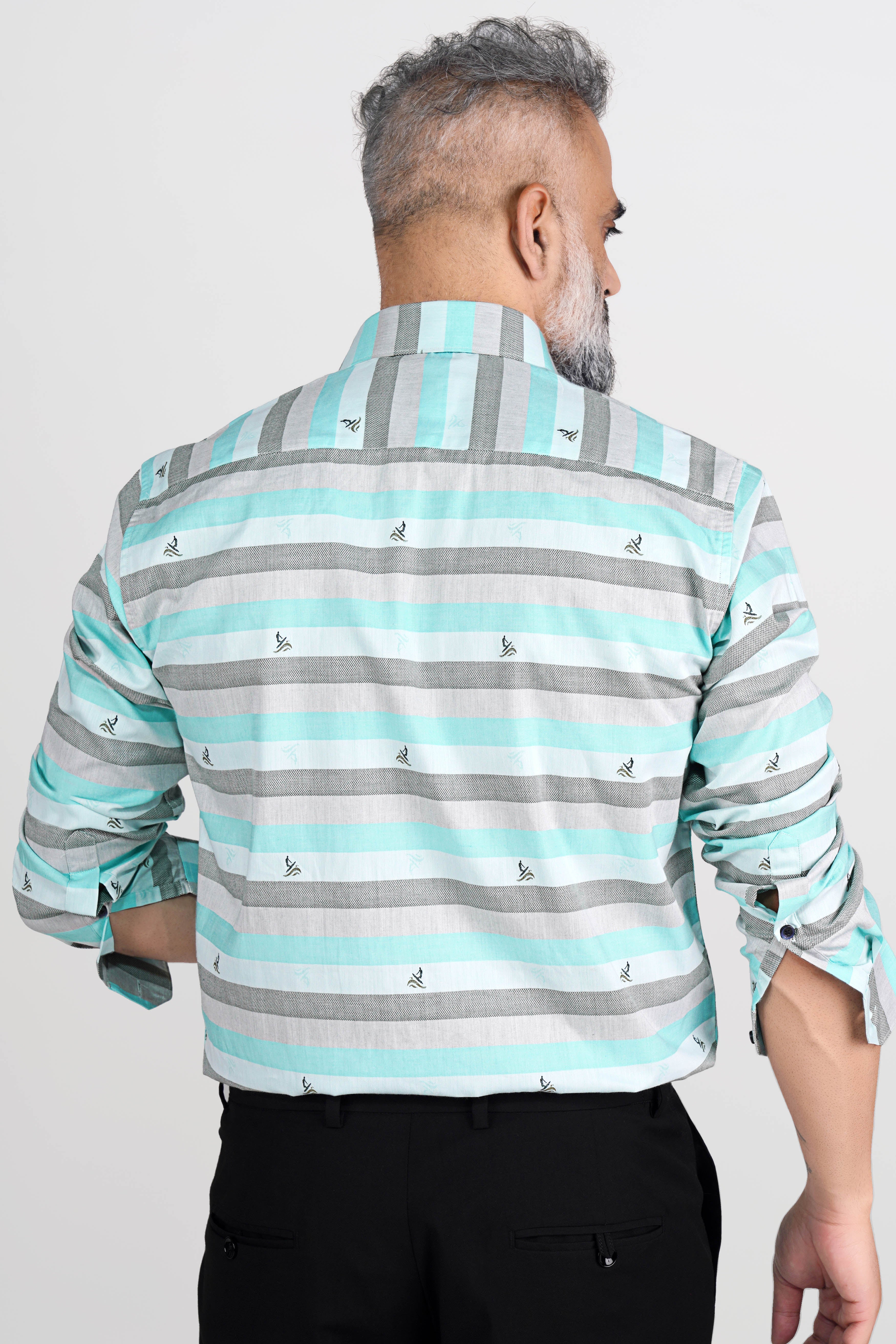Gainsboro Gray and Blizzard Blue Multicolour Jacquard Textured Premium Giza Cotton Shirt