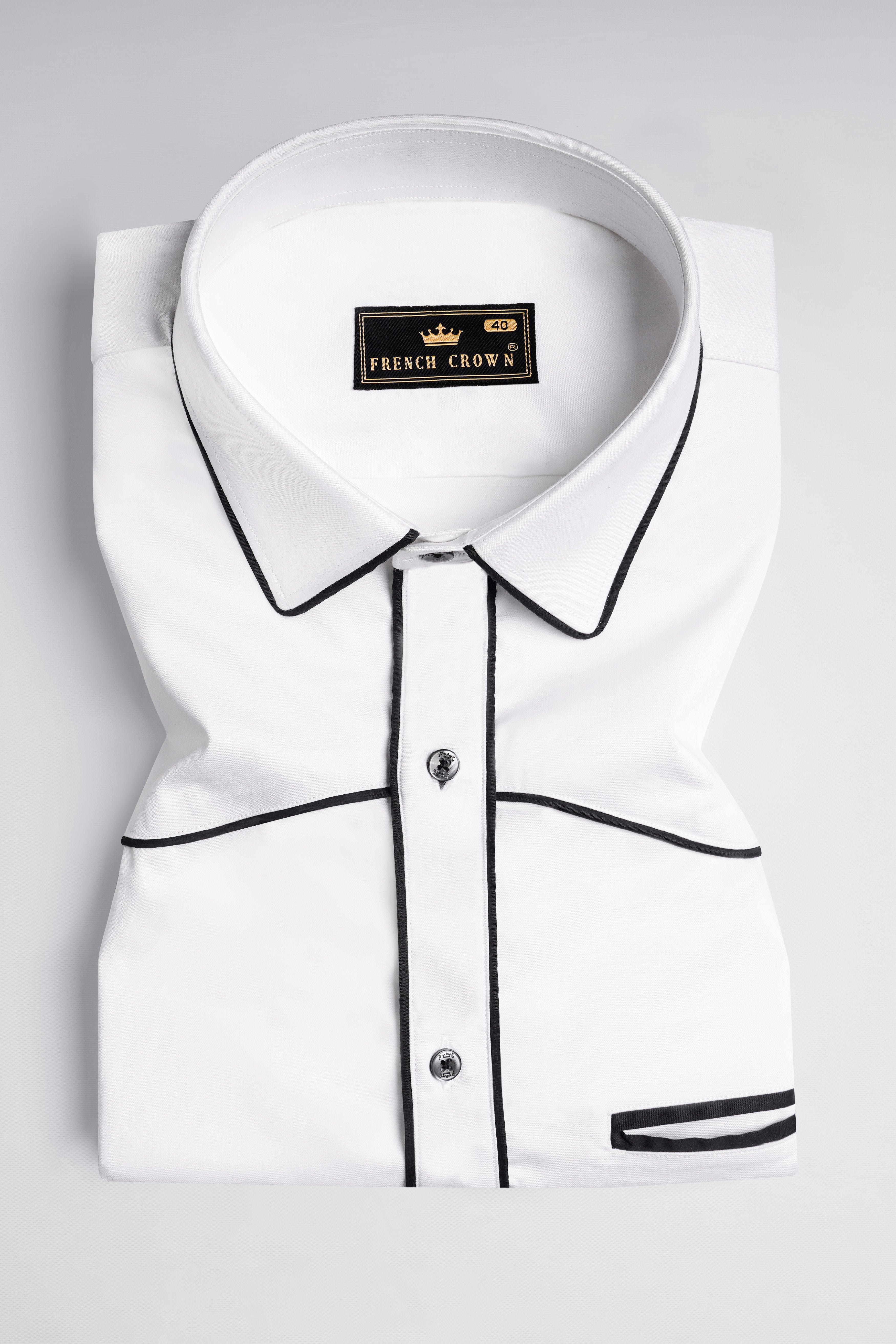 Bright White with Black Piping work Super Soft Premium Cotton Designer Shirt