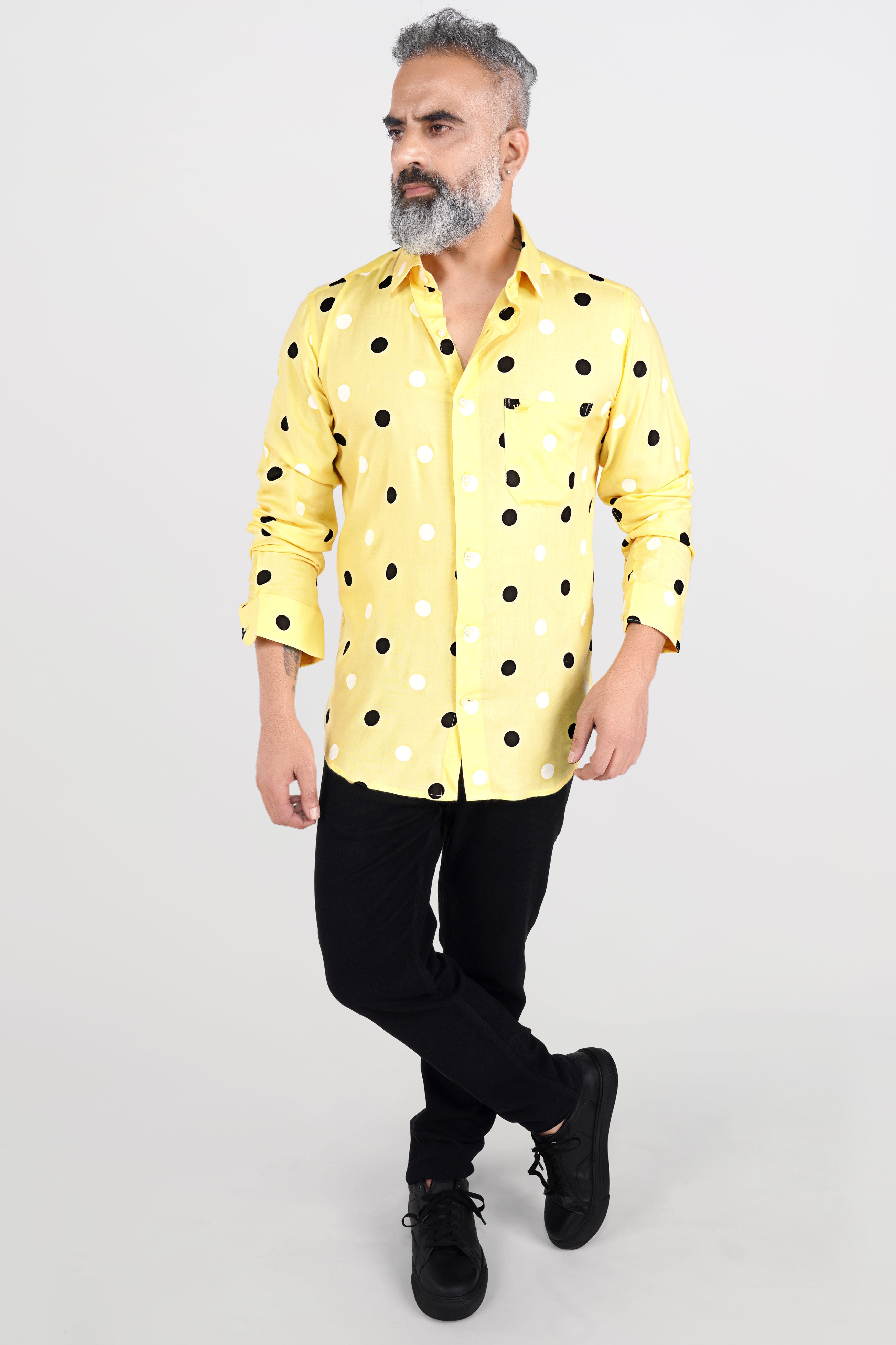 Parchment Yellow with Black and White Polka Dotted Premium Cotton Shirt