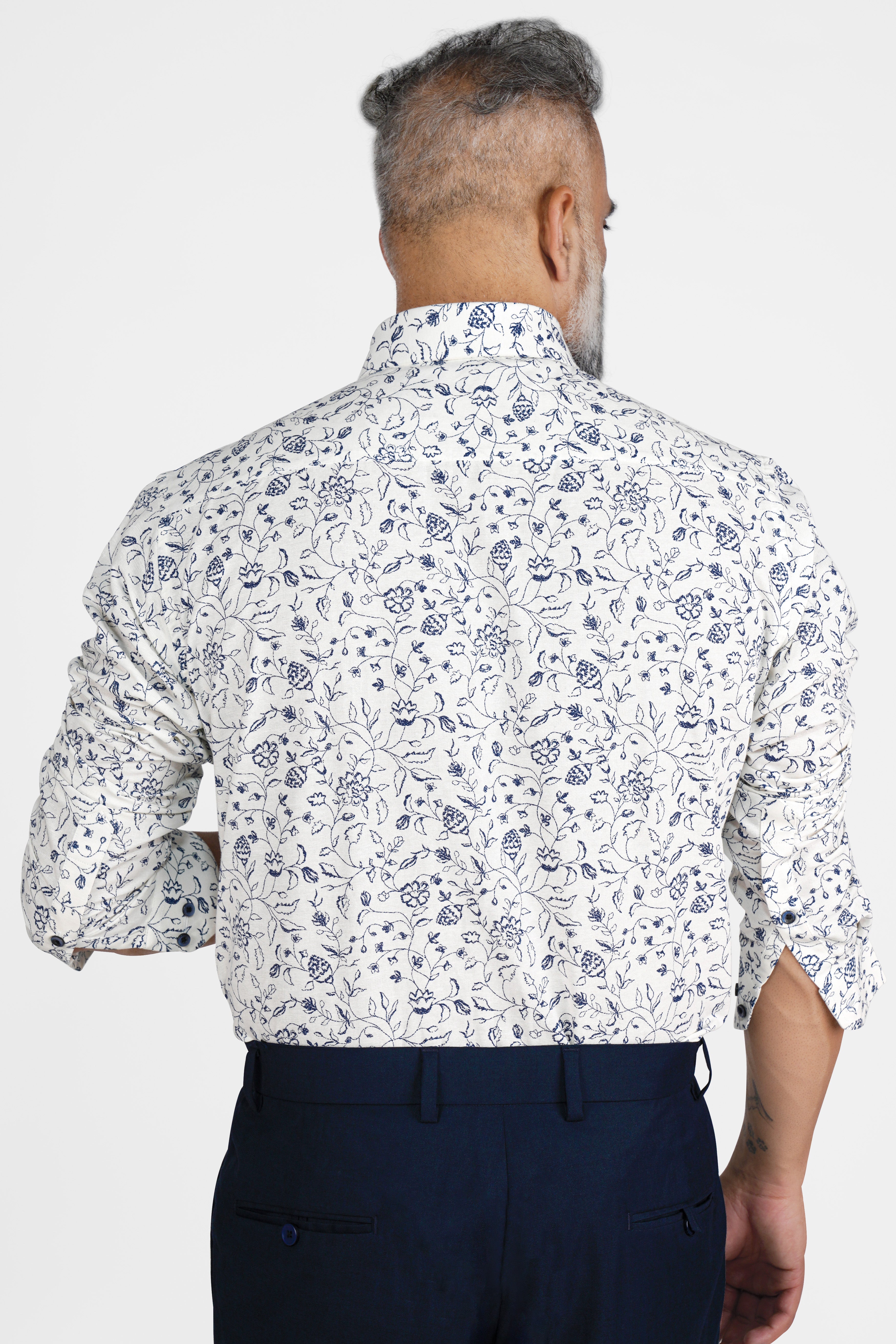 Bright White with Yale Blue Ditsy Printed Luxurious Linen Shirt