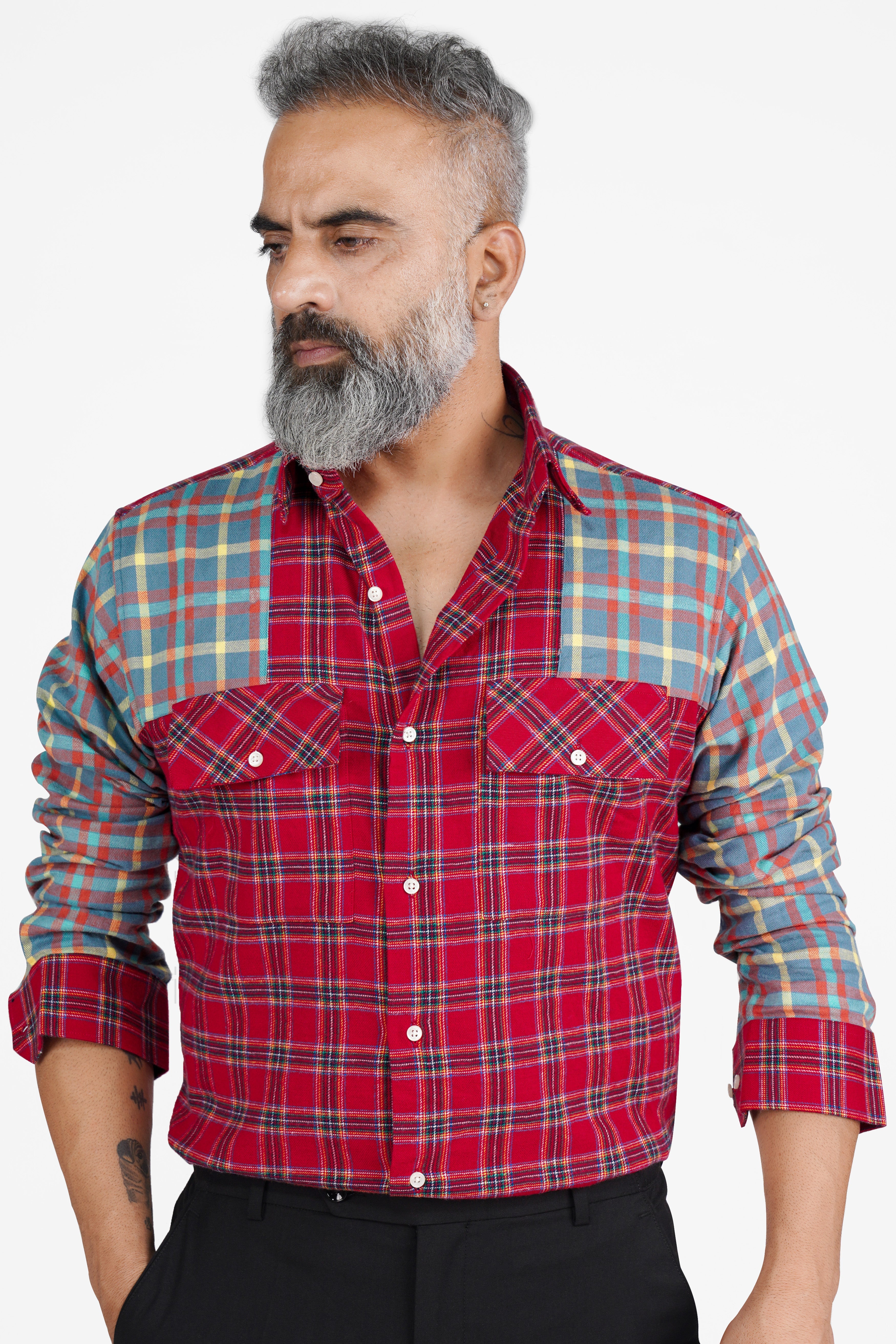 Shiraz Red with Celestial Blue Twill Plaid Premium Cotton Designer Shirt