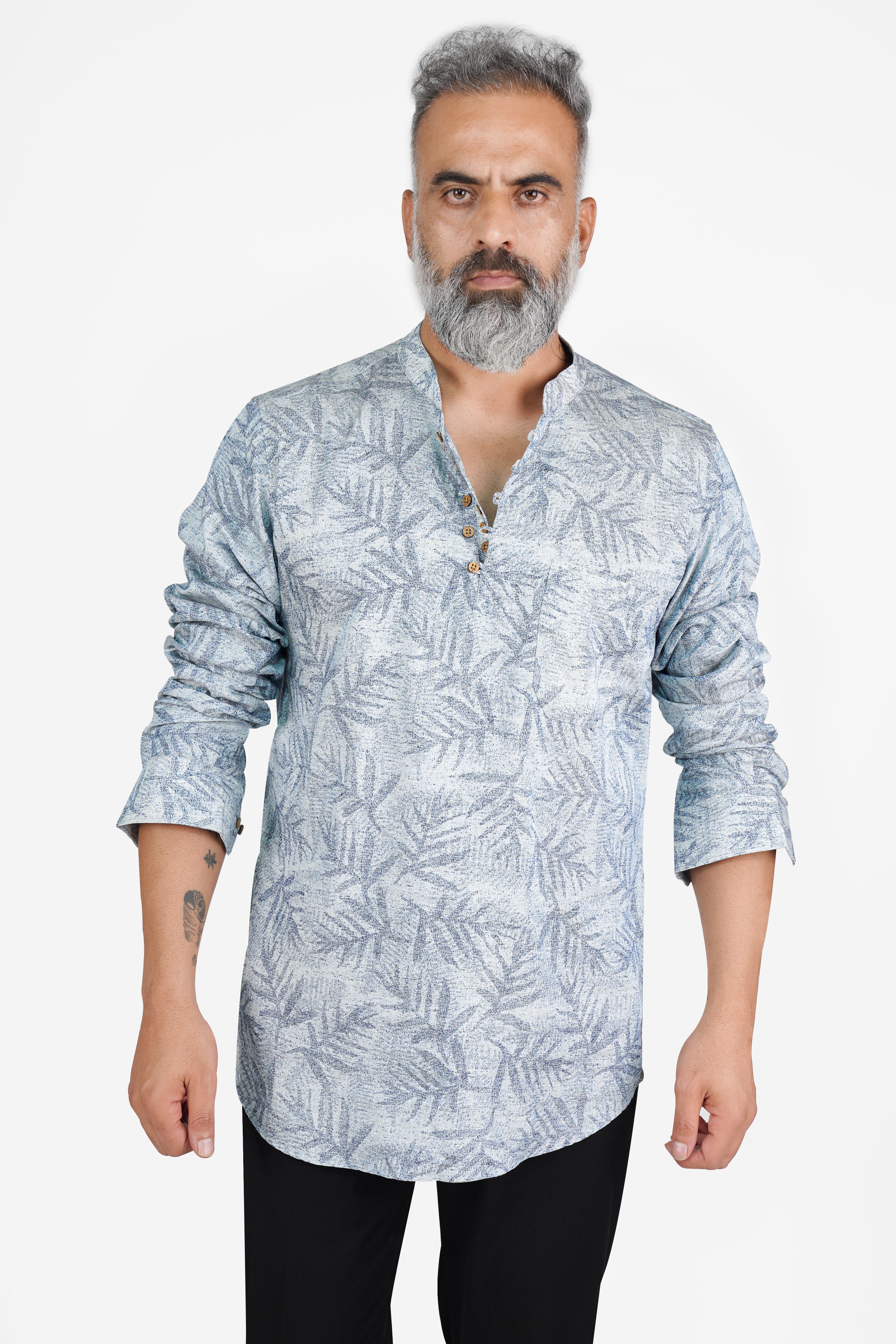 Bright White and Nile Blue Leaves Printed Premium Cotton Kurta Shirt