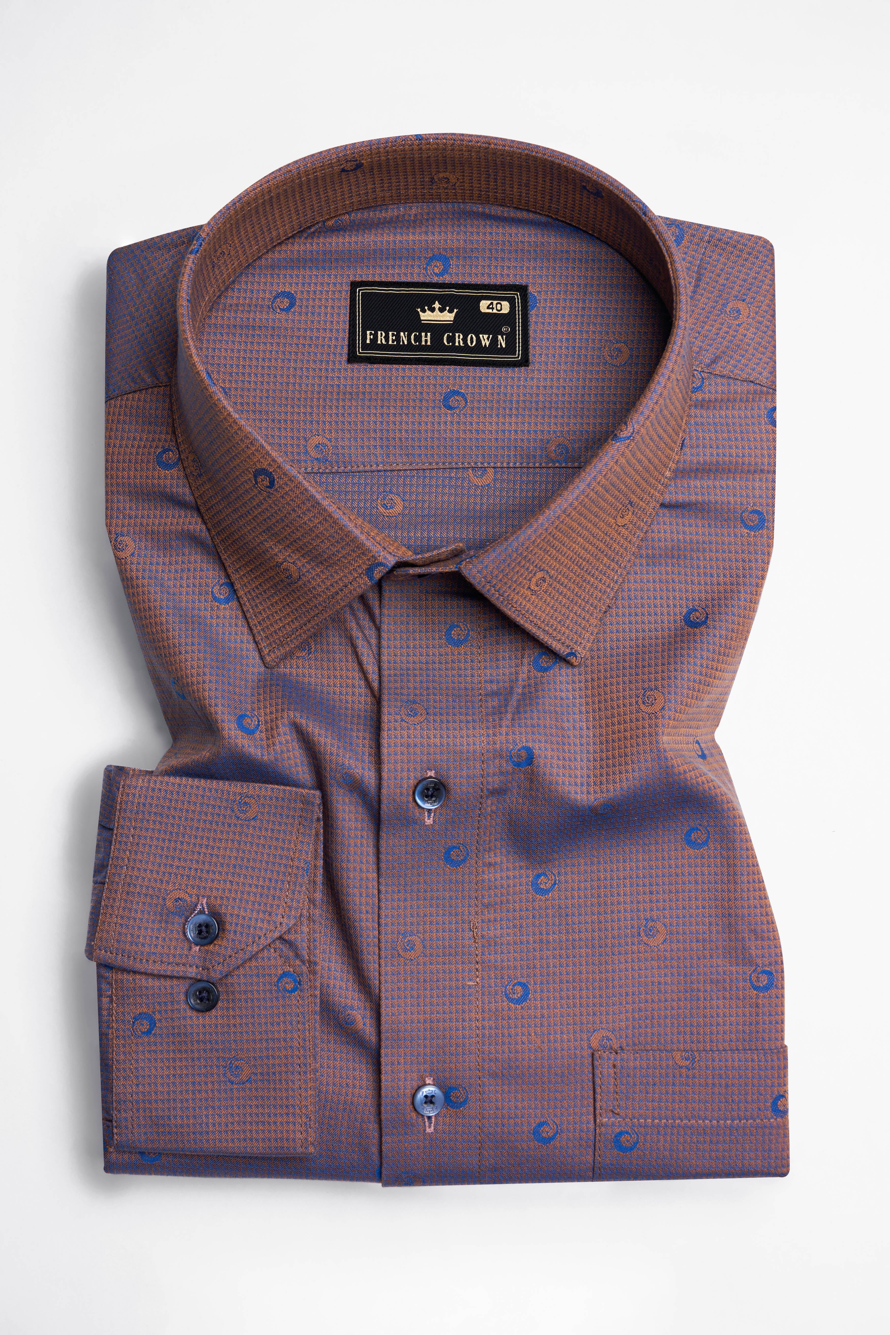 Spicy Mix Brown and Chambray Blue Jacquard Textured Premium Giza Cotton Shirt