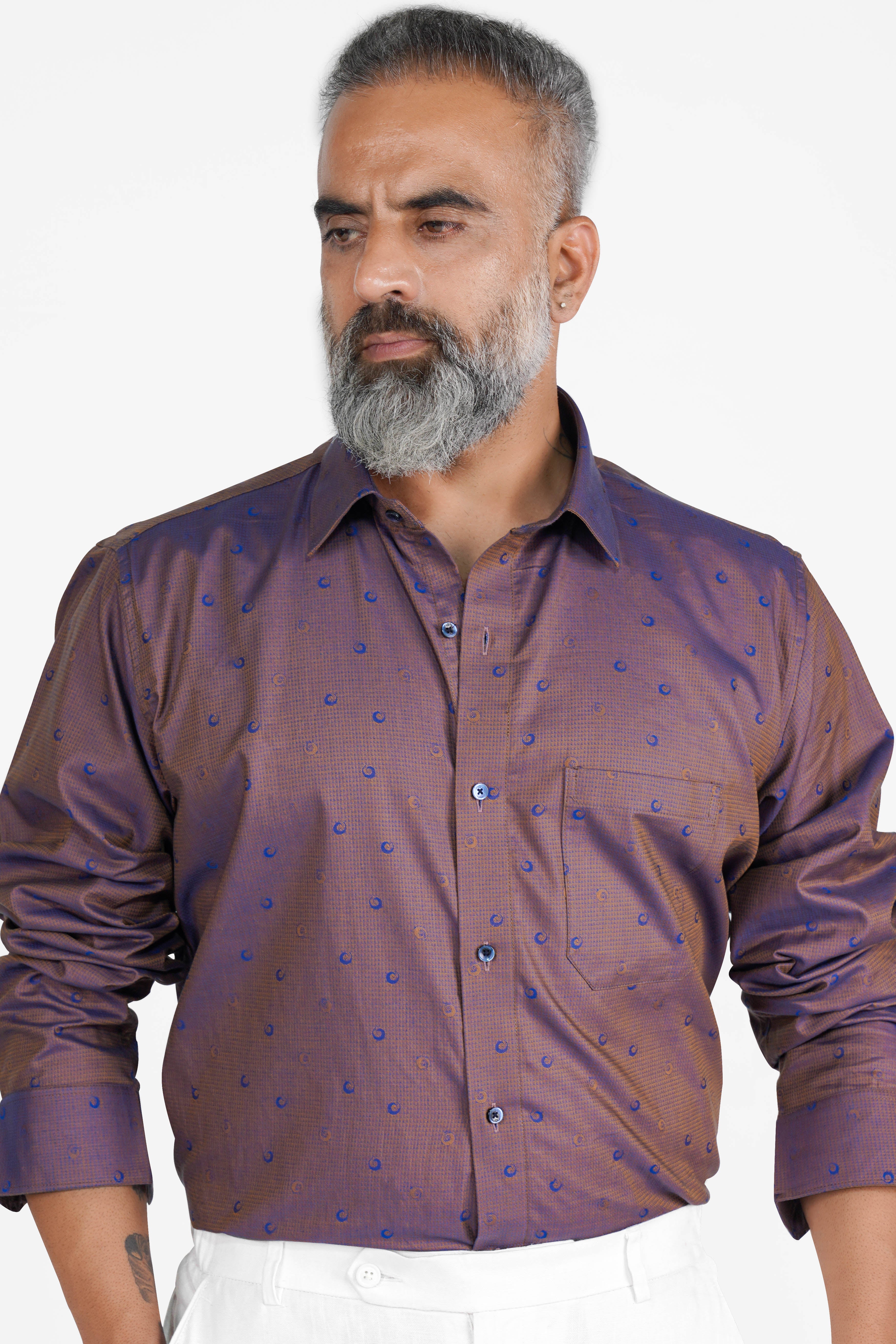 Spicy Mix Brown and Chambray Blue Jacquard Textured Premium Giza Cotton Shirt