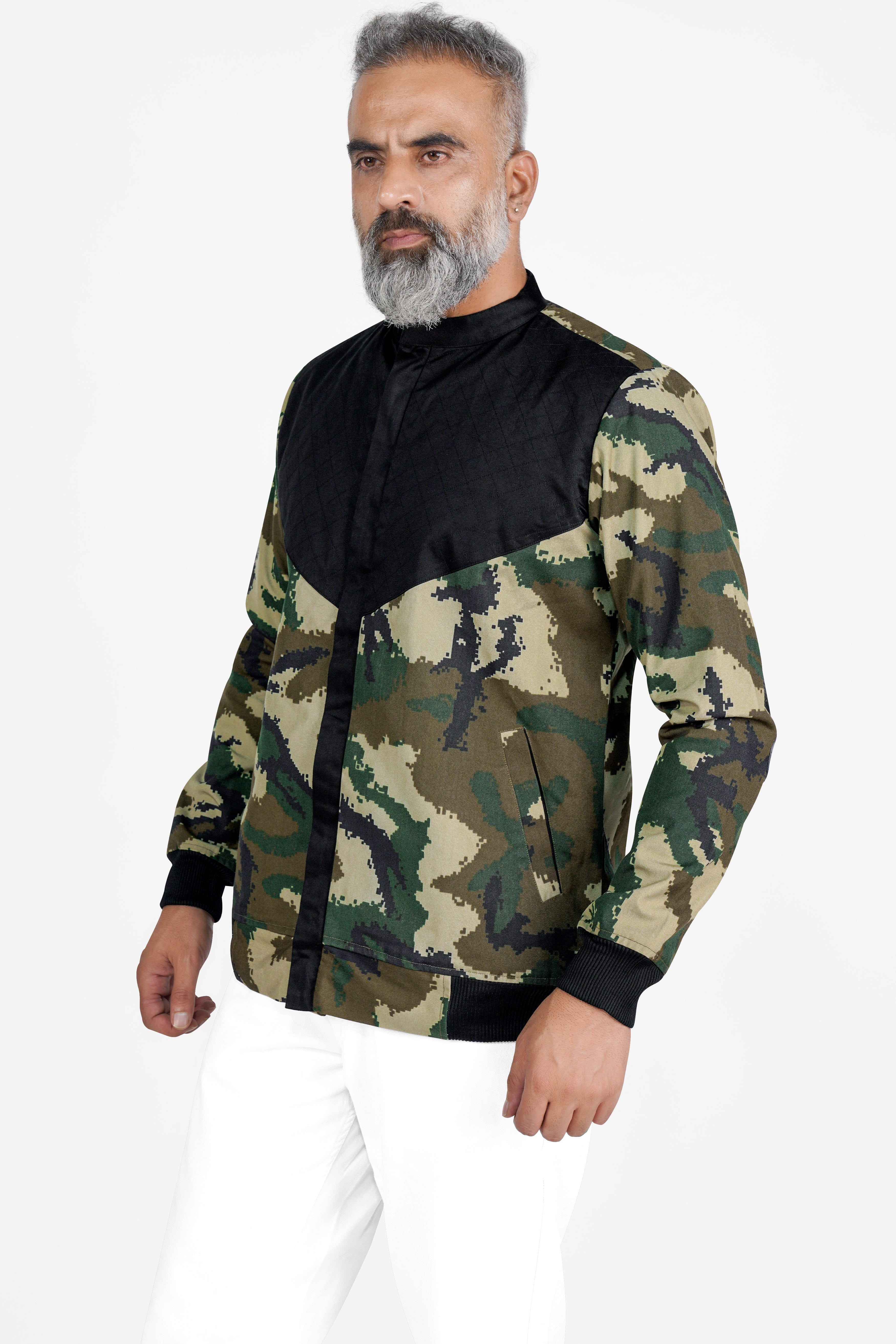 Jade Black with Wheat Brown and Feldgrau Green Camouflage Royal Oxford Designer Bomber Jacket