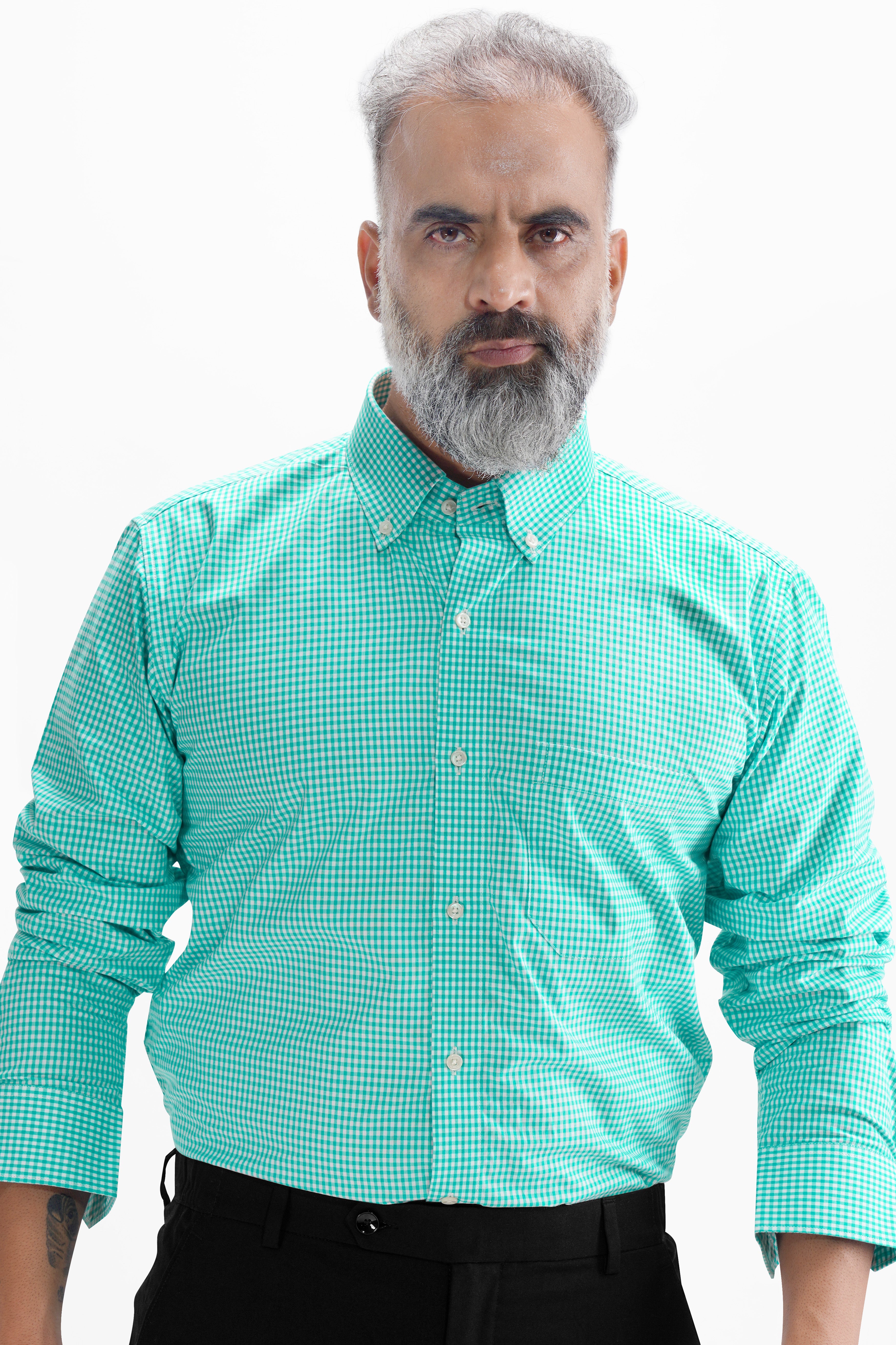 Turquoise Green with Bright White Gingham Checkered Premium Cotton Button Down Shirt