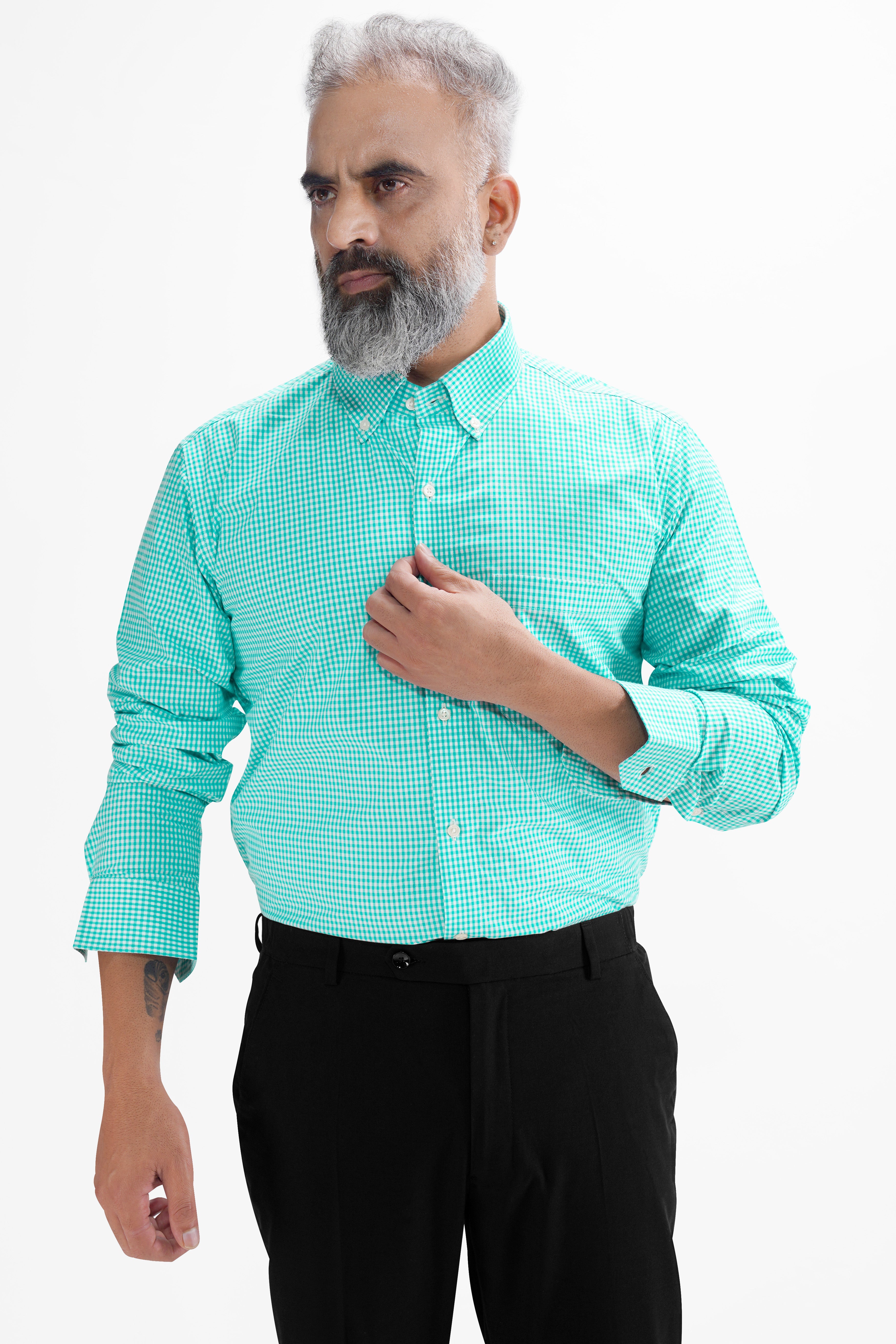 Turquoise Green with Bright White Gingham Checkered Premium Cotton Button Down Shirt