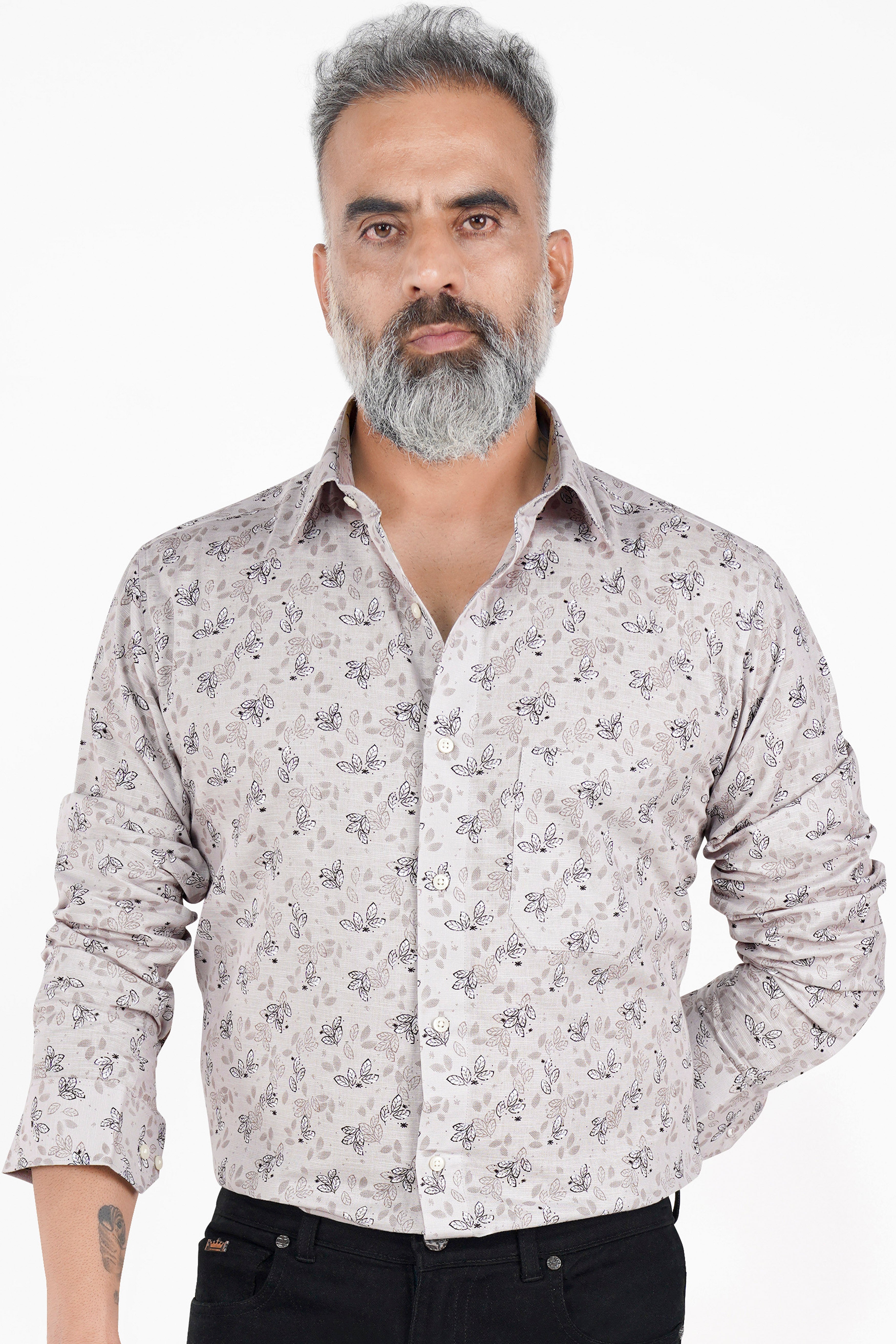 Timberwolf Gray Ditsy Printed Twill Premium Cotton Shirt