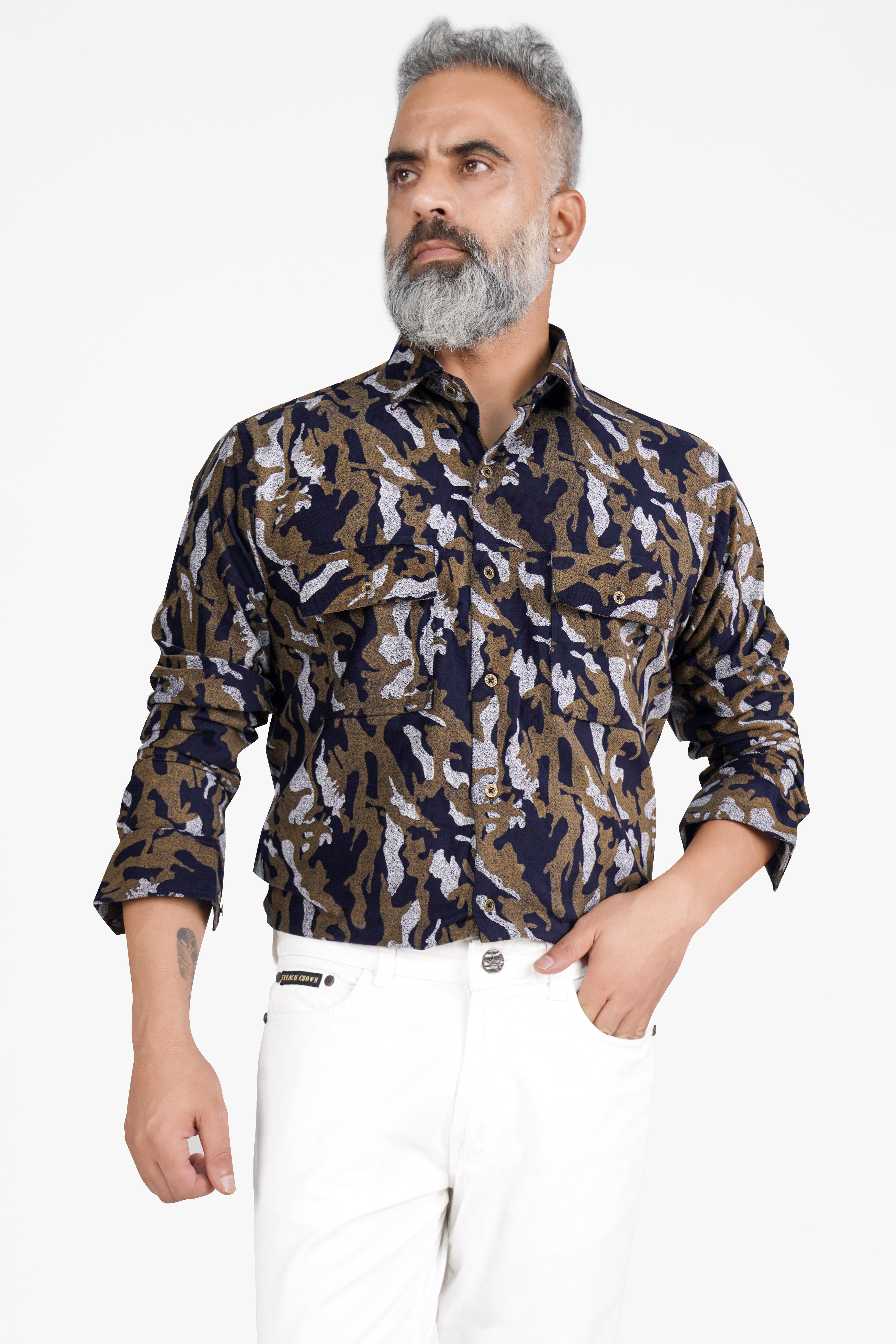 Medium Taupe Brown with Haiti Blue Printed Corduroy Overshirt
