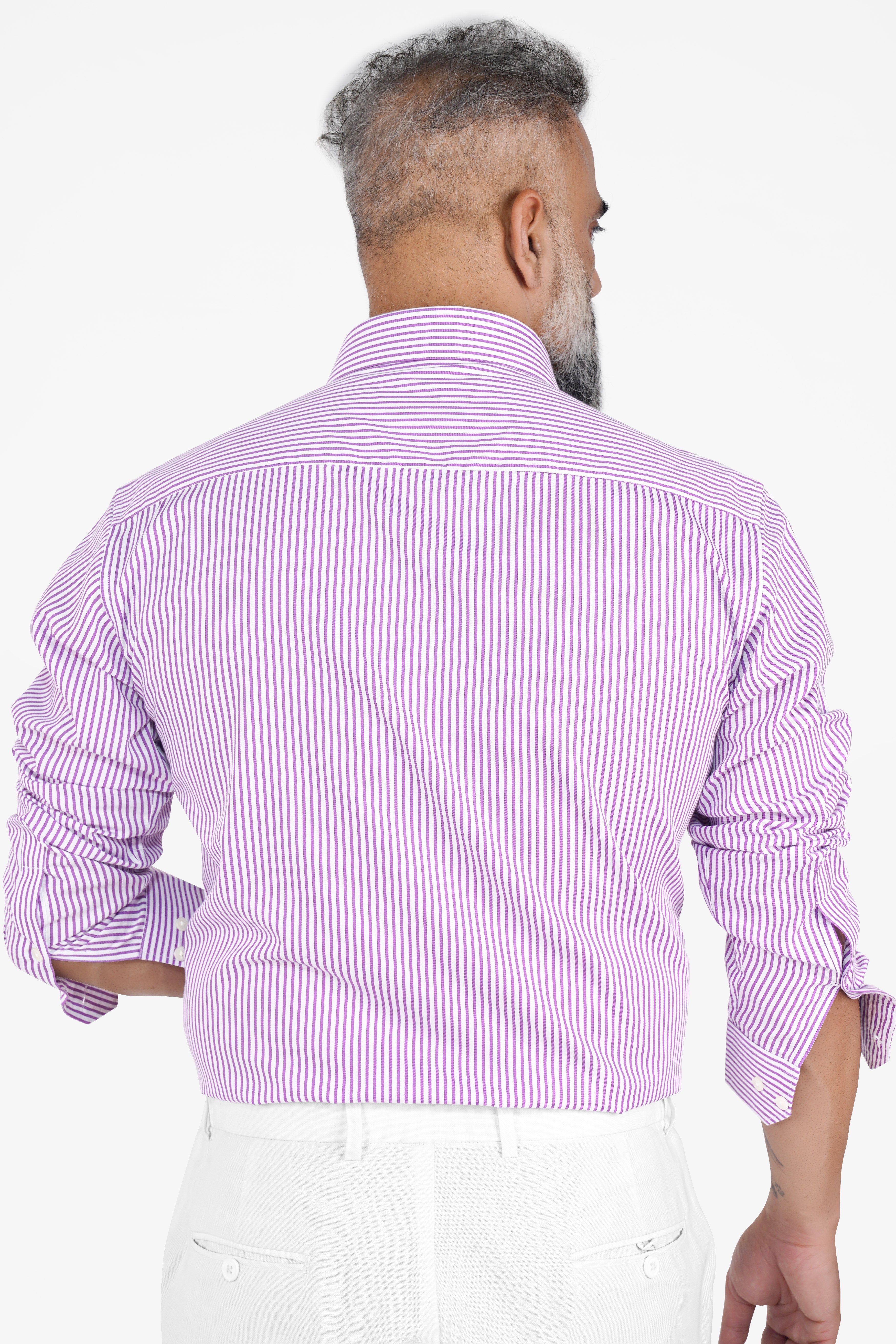 Bright White with Pastel Violet Striped Premium Cotton Shirt