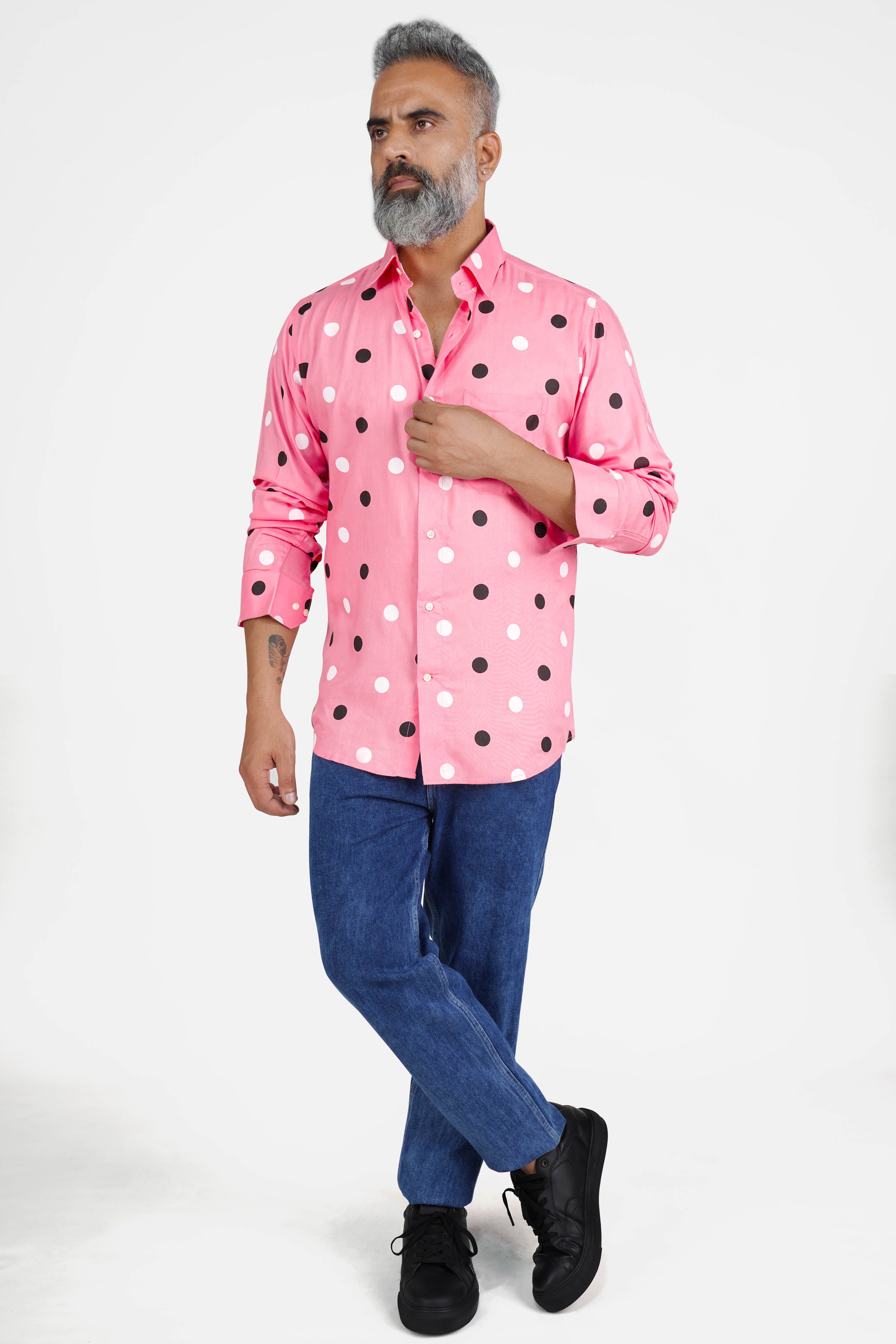 Flamingo Pink with Black and White Polka Dotted Premium Tencel Shirt