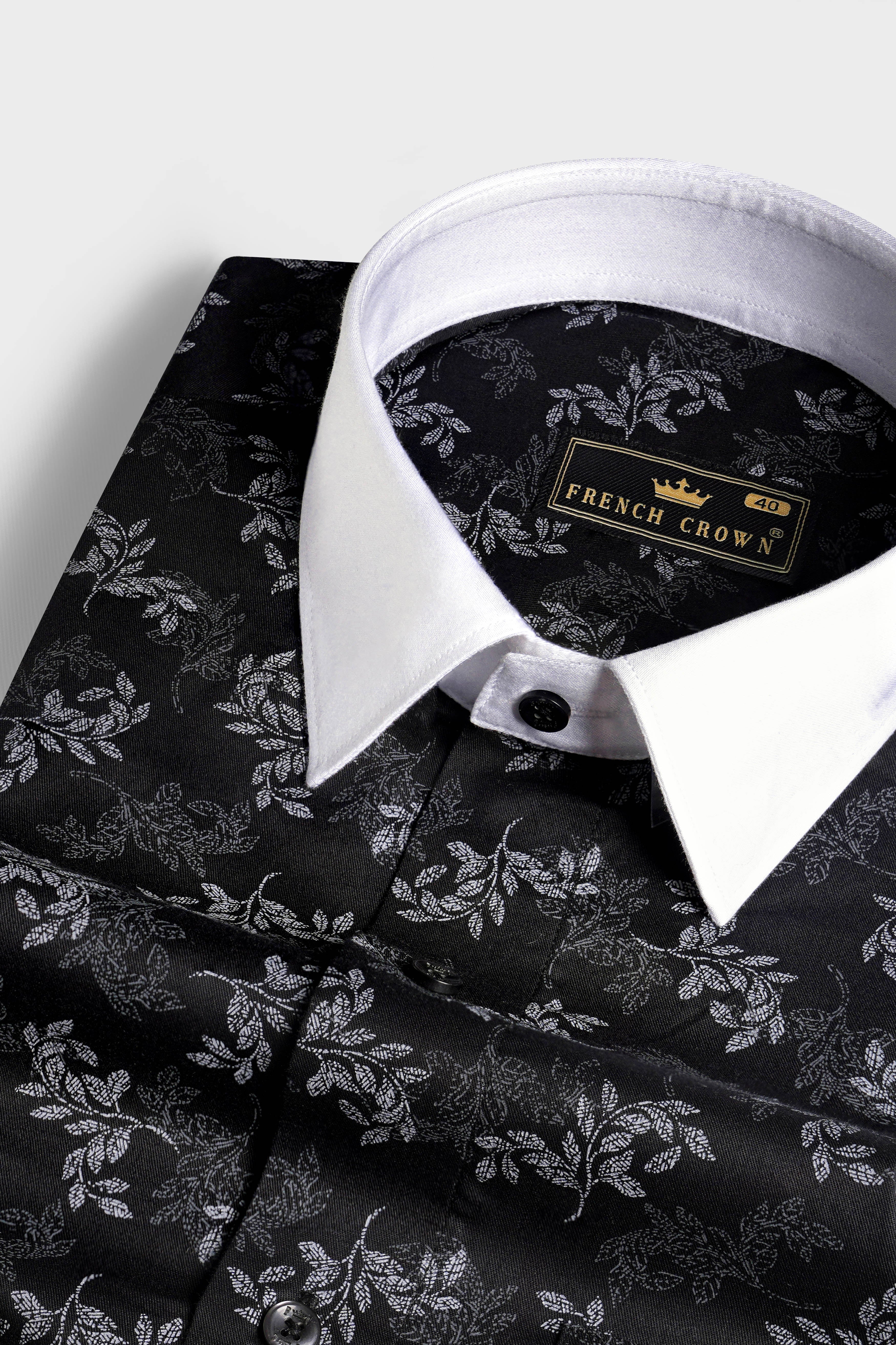 Jade Black with White Cuffs and Collar Leaves Printed Super Soft Premium Cotton Shirt