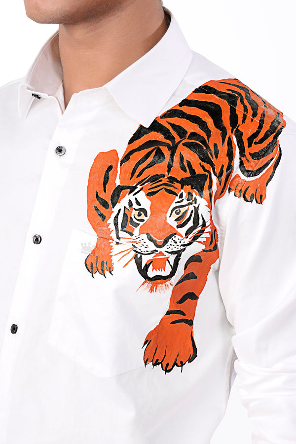 Bright White Tiger Hand Painted Super Soft Premium Cotton Designer Shirt