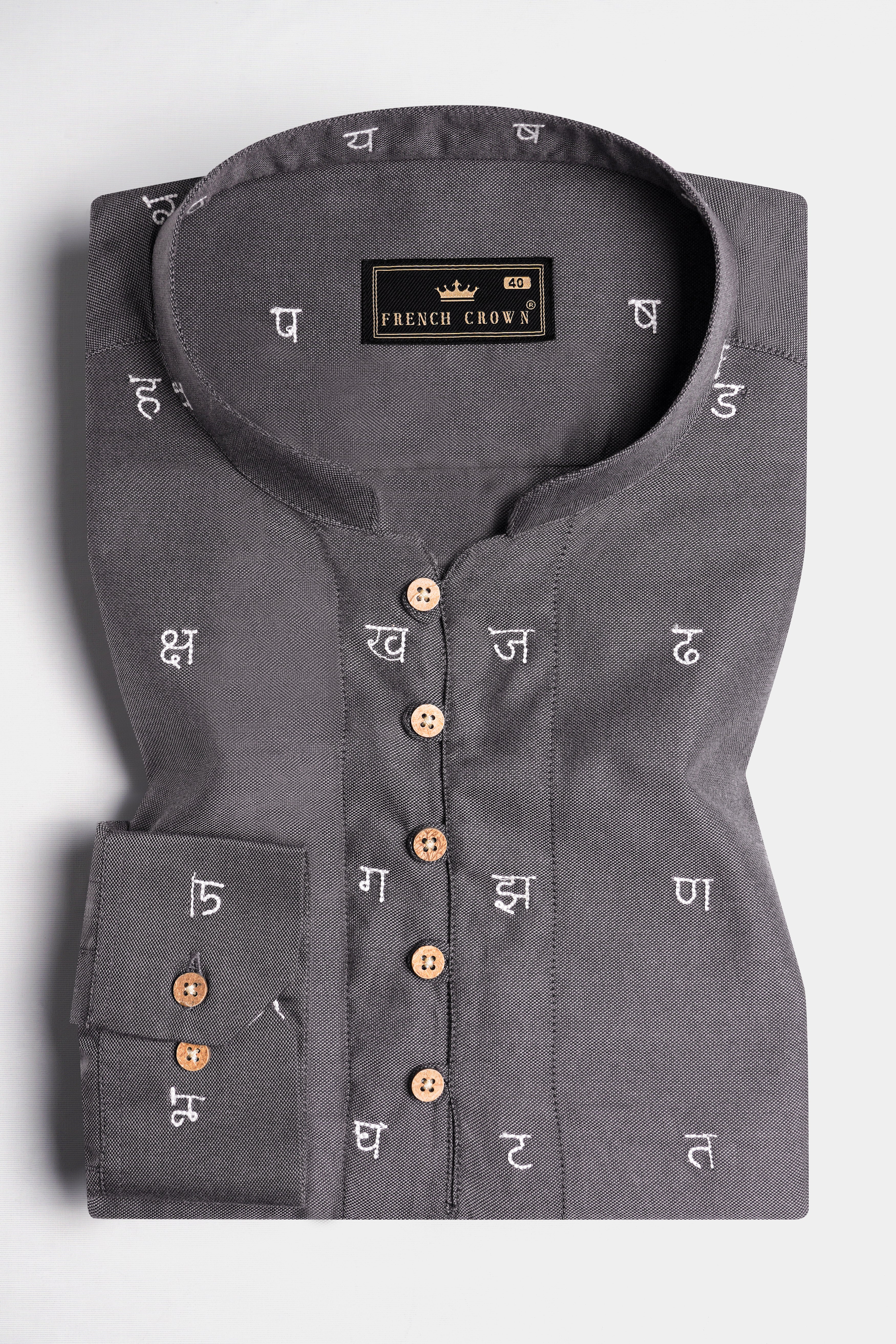 Davy Gray with Hindi Alphabets Embroidered Royal Oxford Designer Kurta Shirt