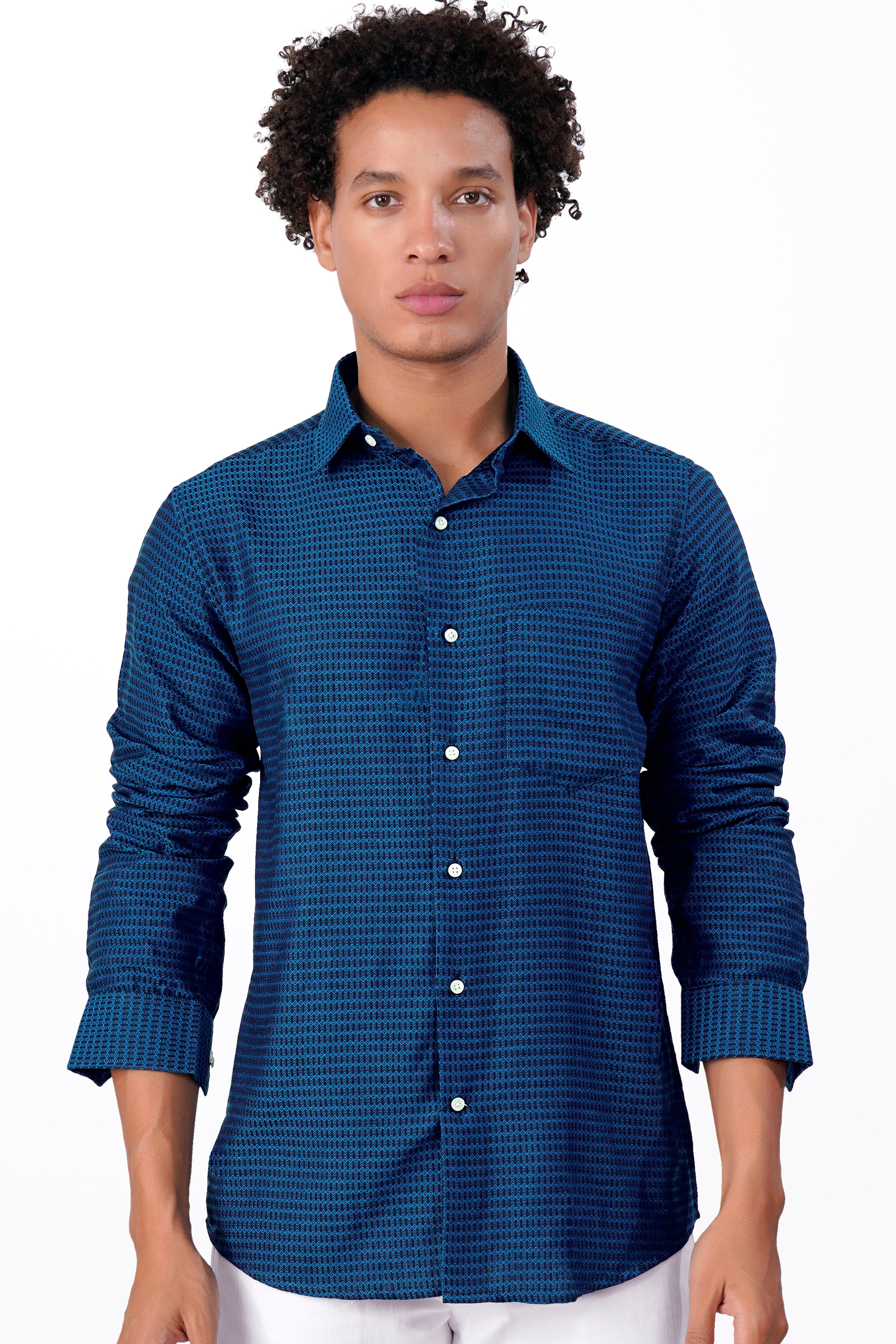 Cerulean with Astros Blue Dobby Textured Premium Giza Cotton Shirt
