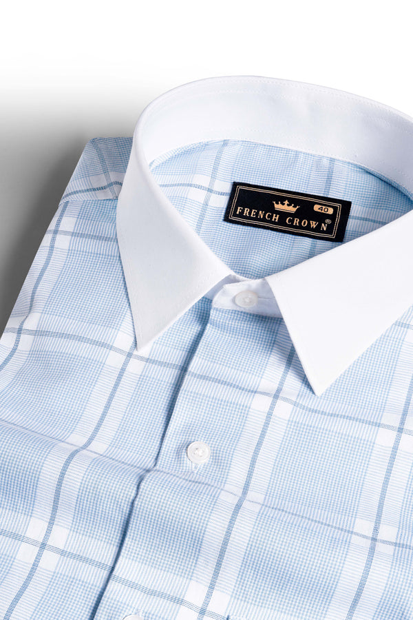 Glacier Blue and White Plaid with White Cuffs and Collar Dobby Textured Premium Giza Cotton Shirt