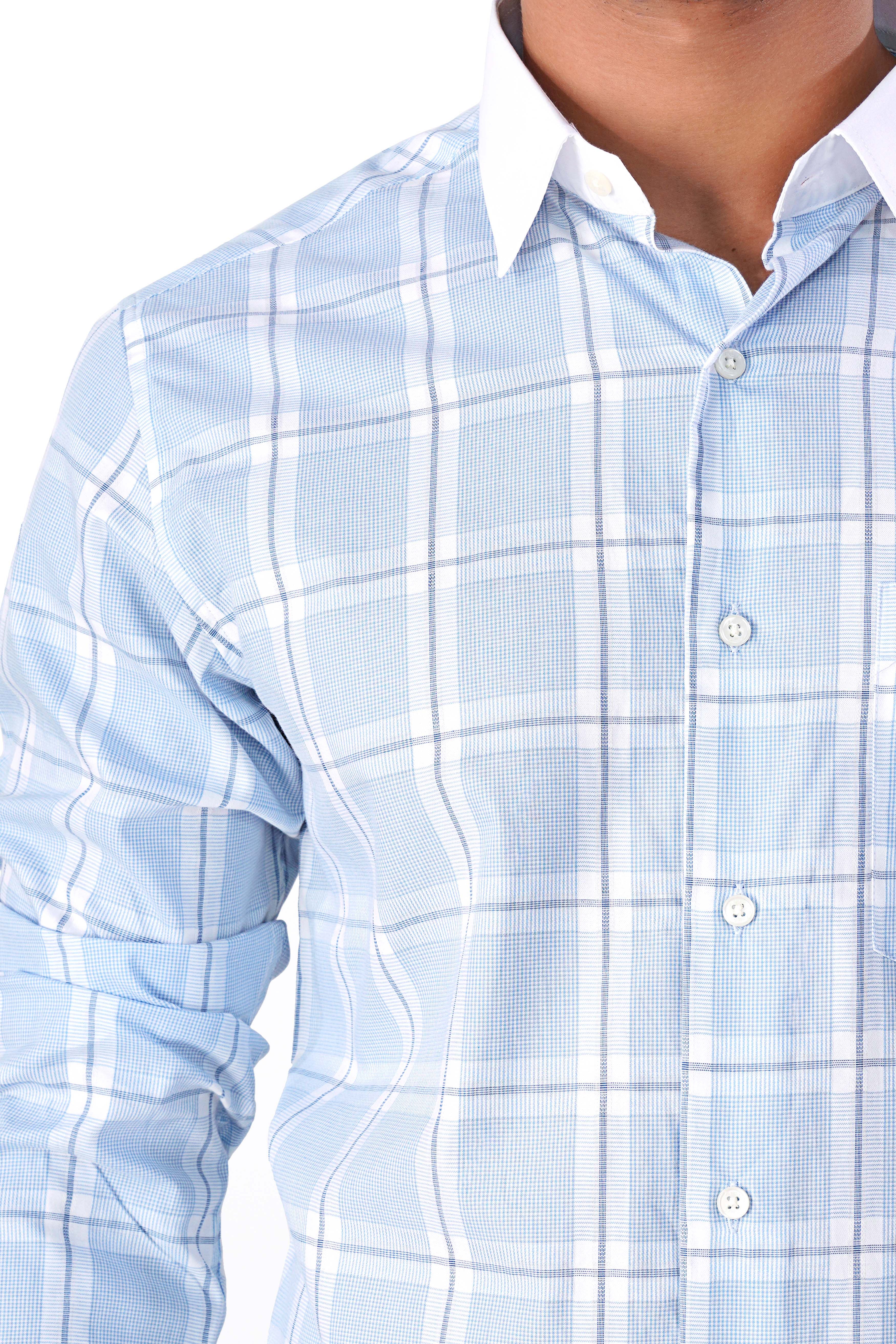 Glacier Blue and White Plaid with White Cuffs and Collar Dobby Textured Premium Giza Cotton Shirt