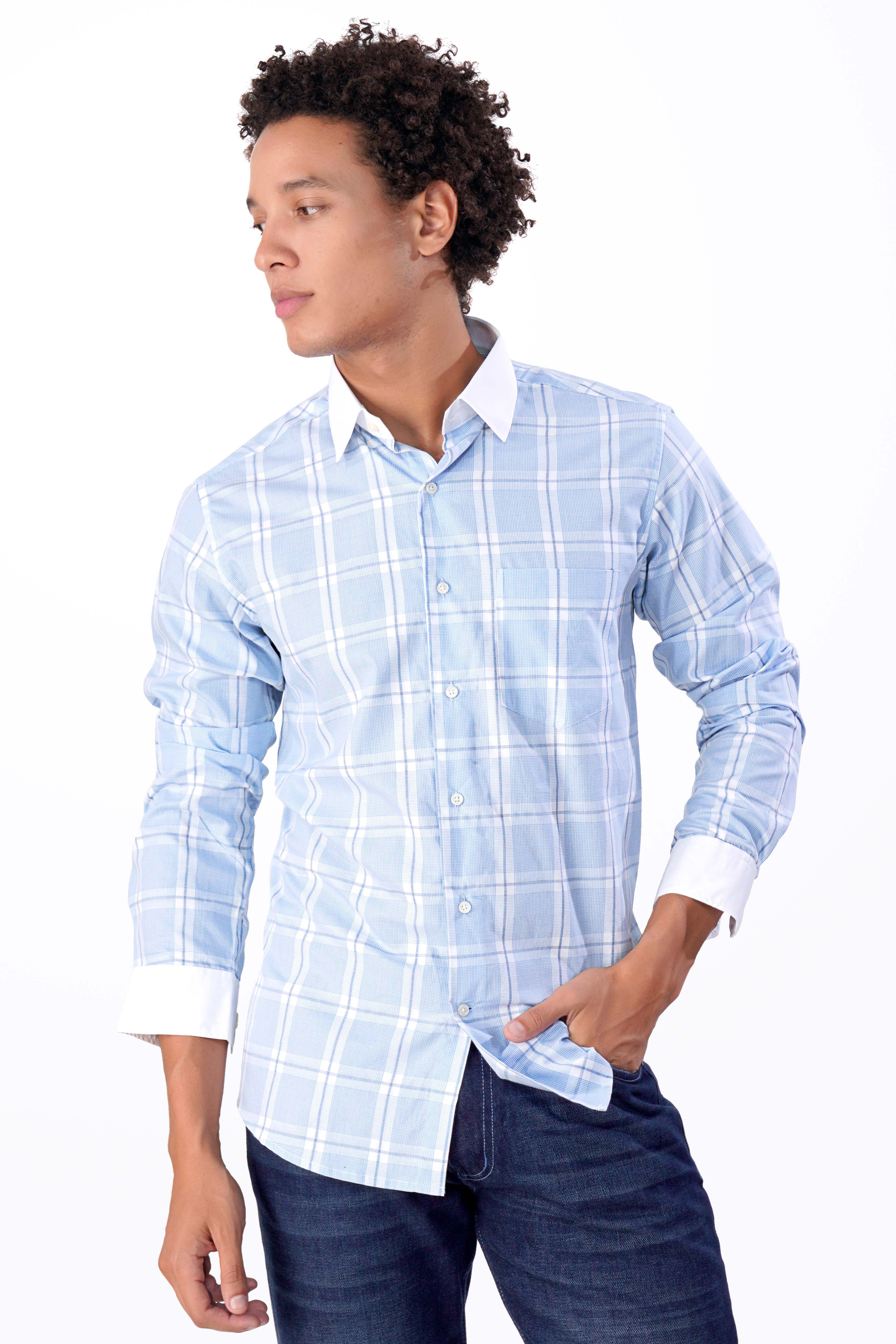 Glacier Blue and White Plaid with White Cuffs and Collar Dobby Textured Premium Giza Cotton Shirt