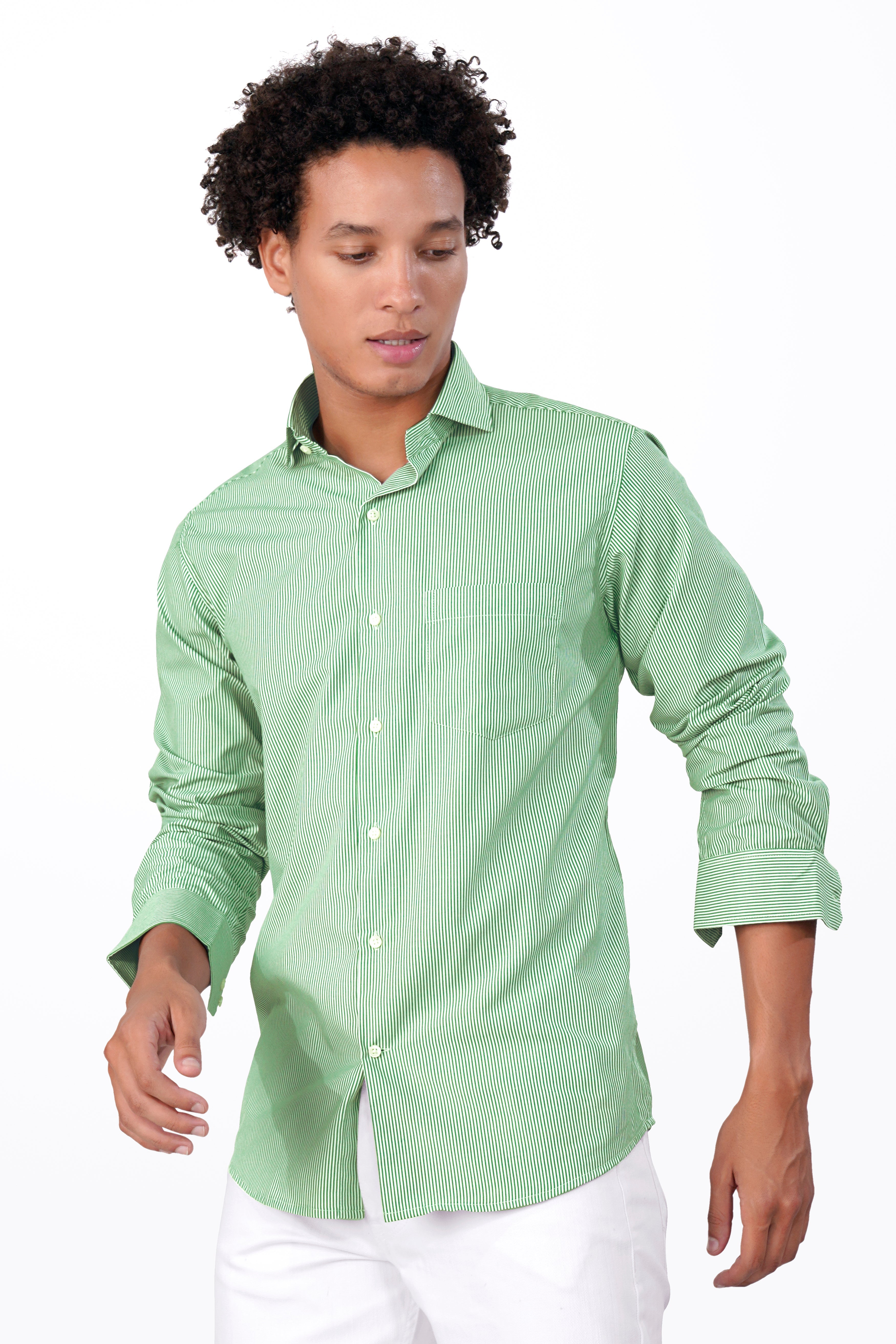 Salem Green and White Striped Premium Cotton Shirt
