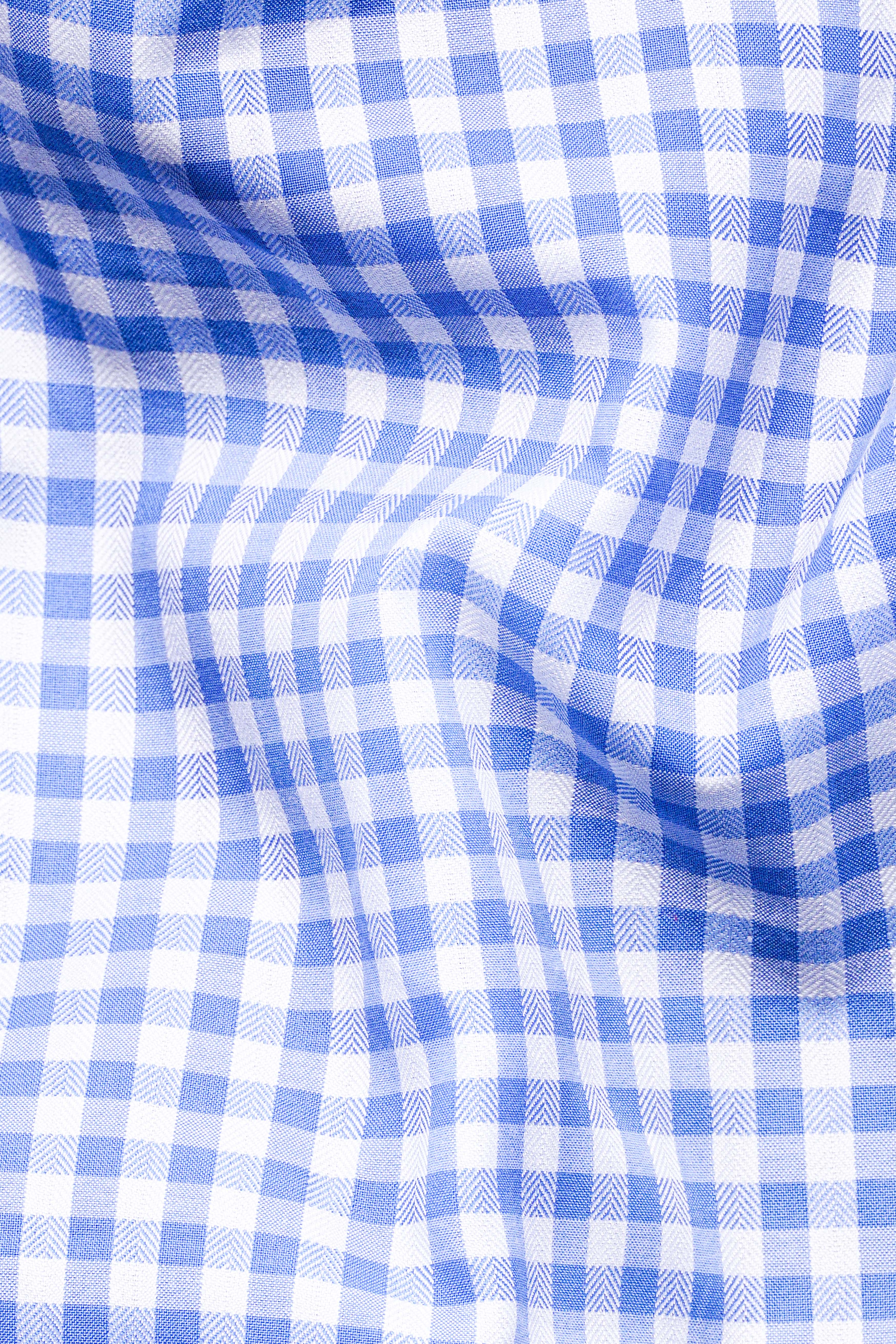 Carolina Blue and White Gingham Checkered Dobby Textured Premium Giza Cotton Shirt