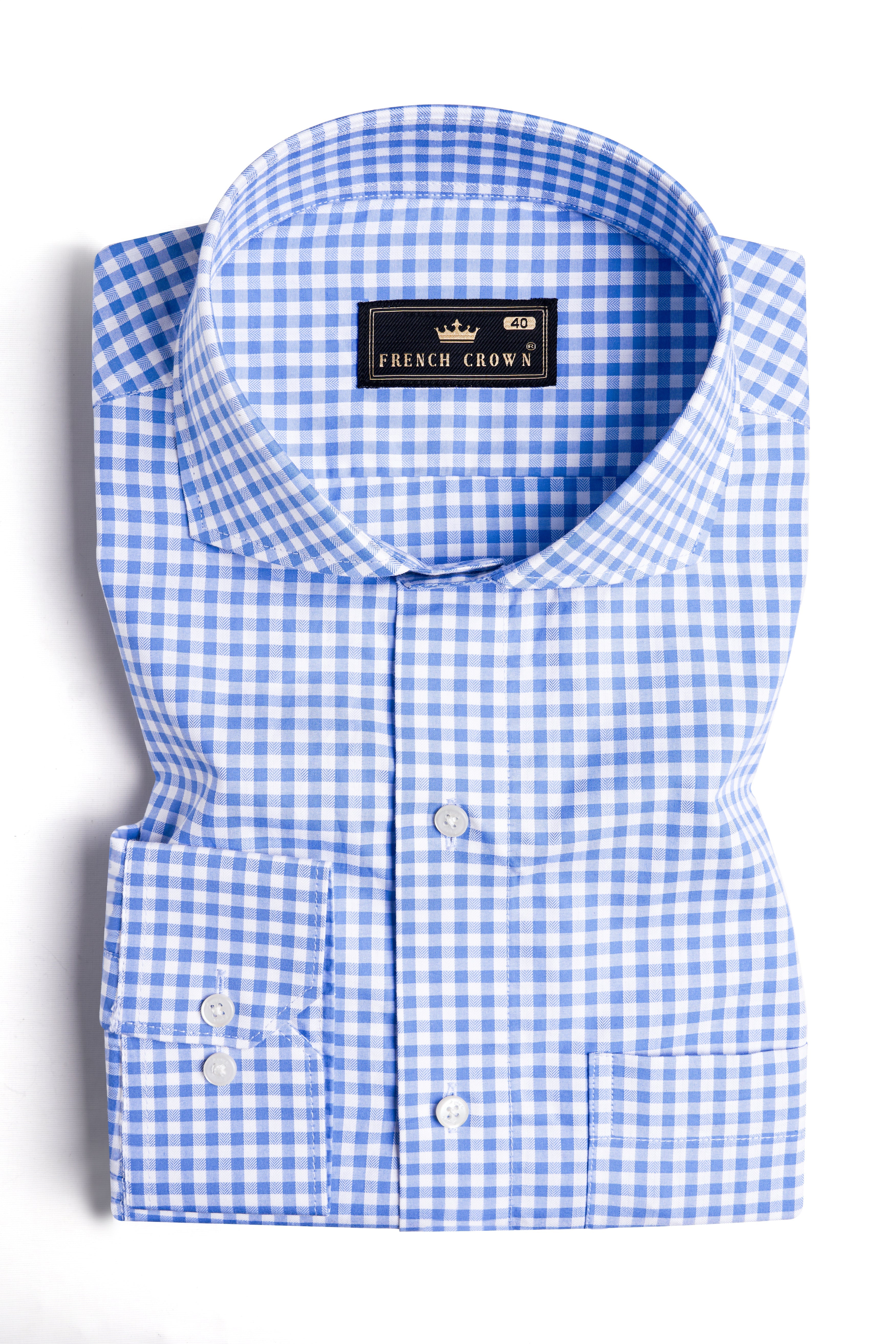 Carolina Blue and White Gingham Checkered Dobby Textured Premium Giza Cotton Shirt