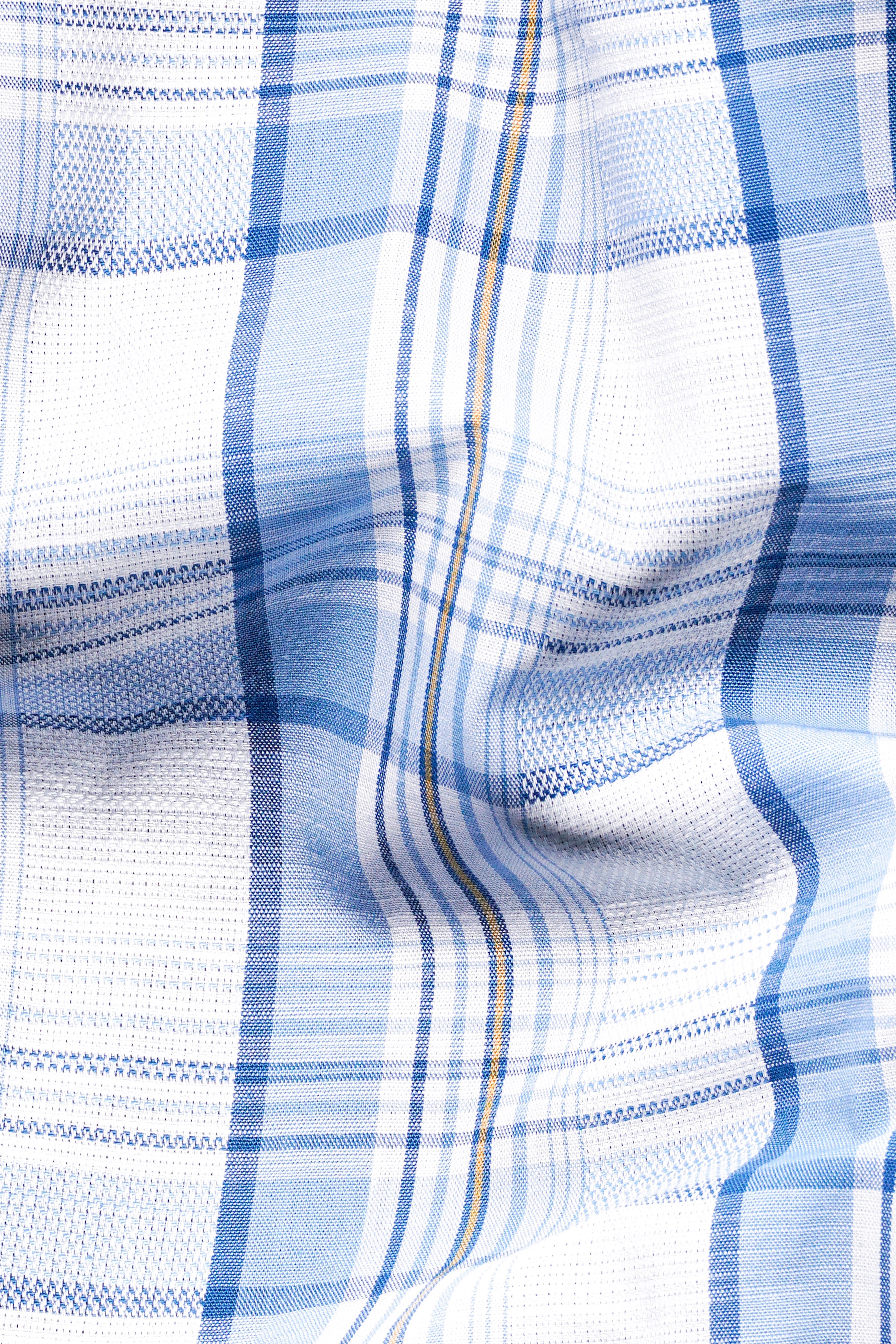 Bright White and Cerulean Blue Plaid Dobby Textured Premium Giza Cotton Shirt