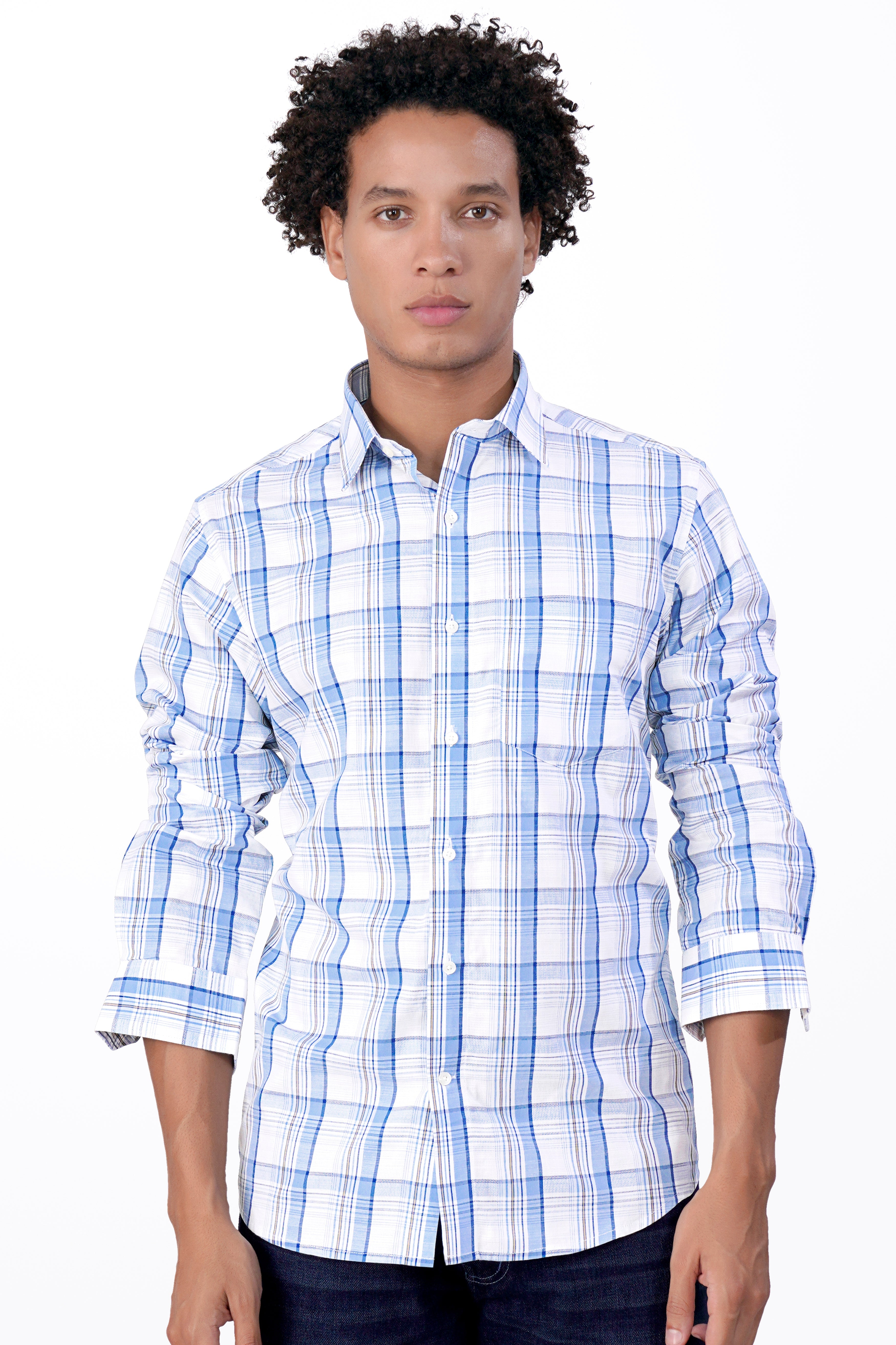 Bright White and Cerulean Blue Plaid Dobby Textured Premium Giza Cotton Shirt