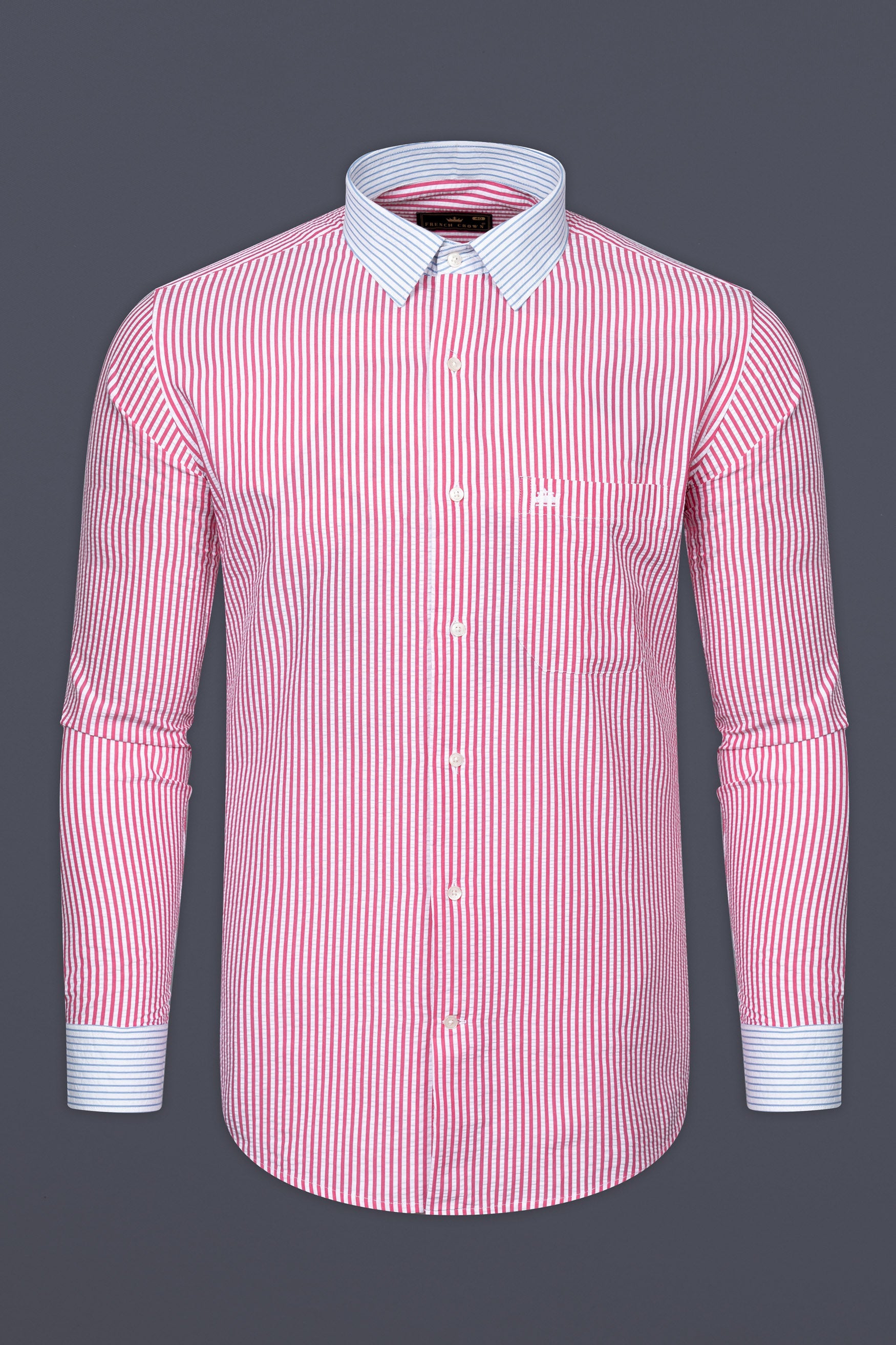 Thulian Pink And Bright White Striped Seersucker Giza Cotton Designer Shirt