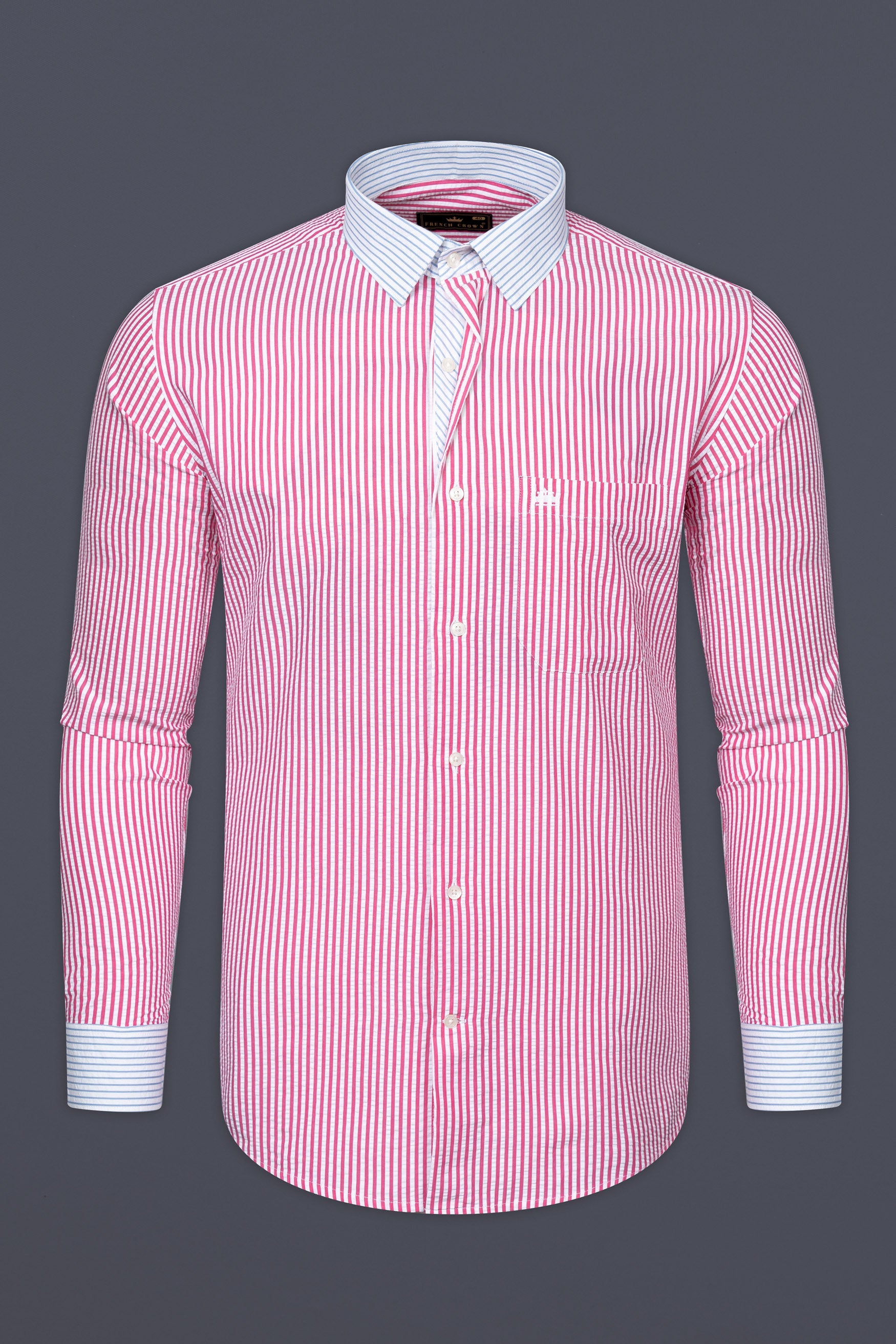 Thulian Pink And Bright White Striped Seersucker Giza Cotton Designer Shirt