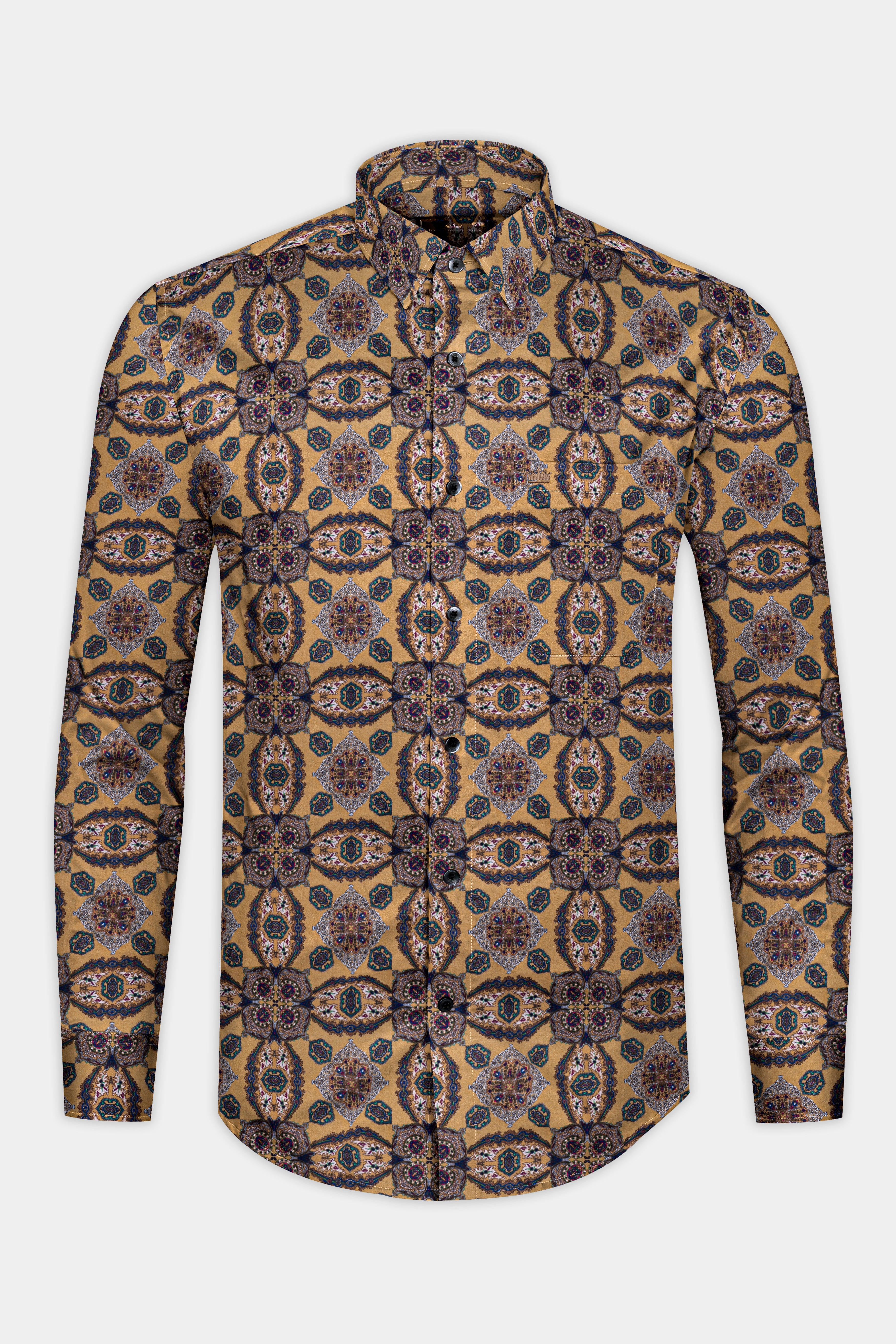 Driftwood Brown and Midnight blue Ajrakh geometric printed Premium Cotton Shirt