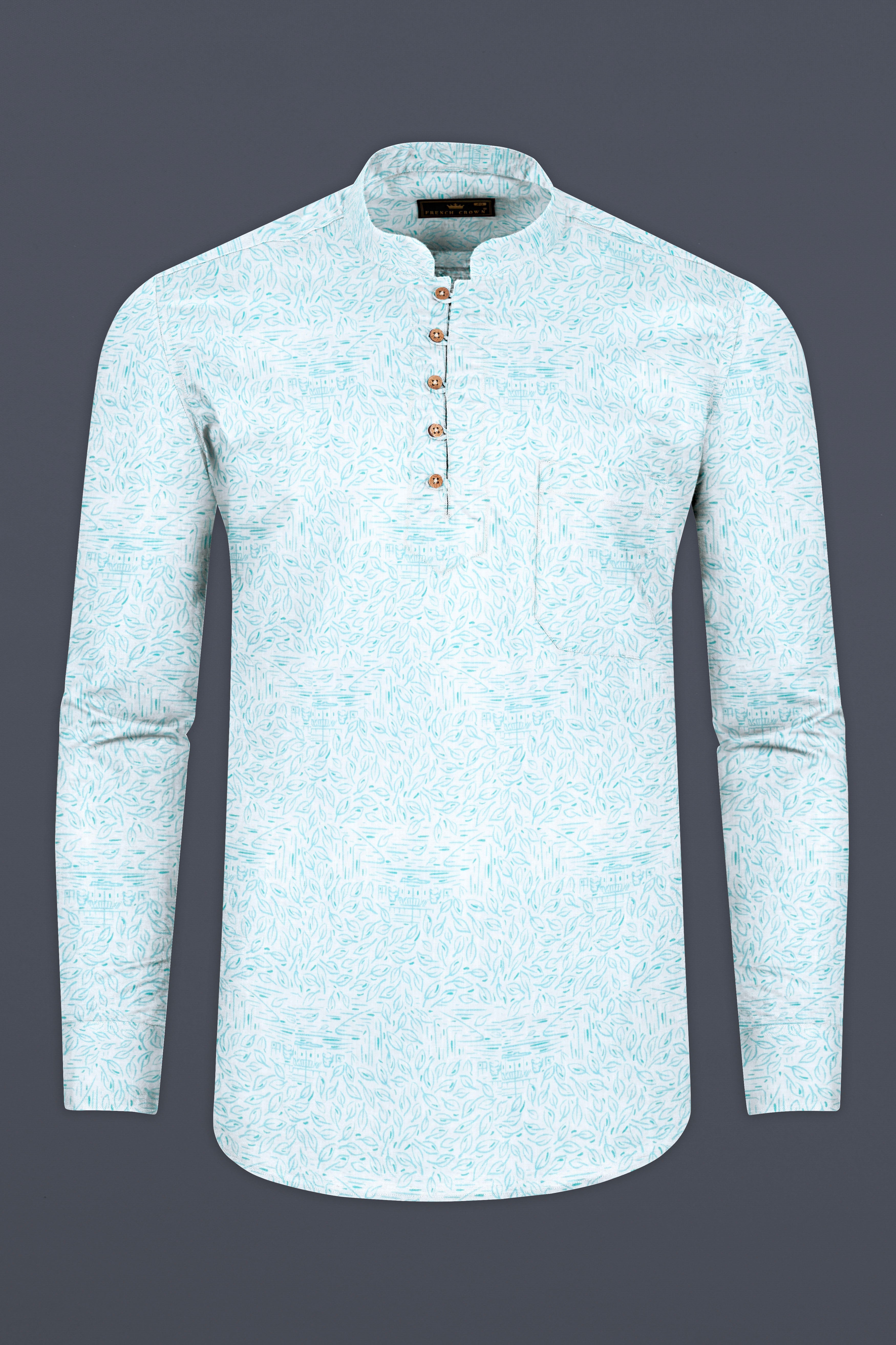 Bright White with jagged Ice Blue Leaf Printed Chambray Shirt