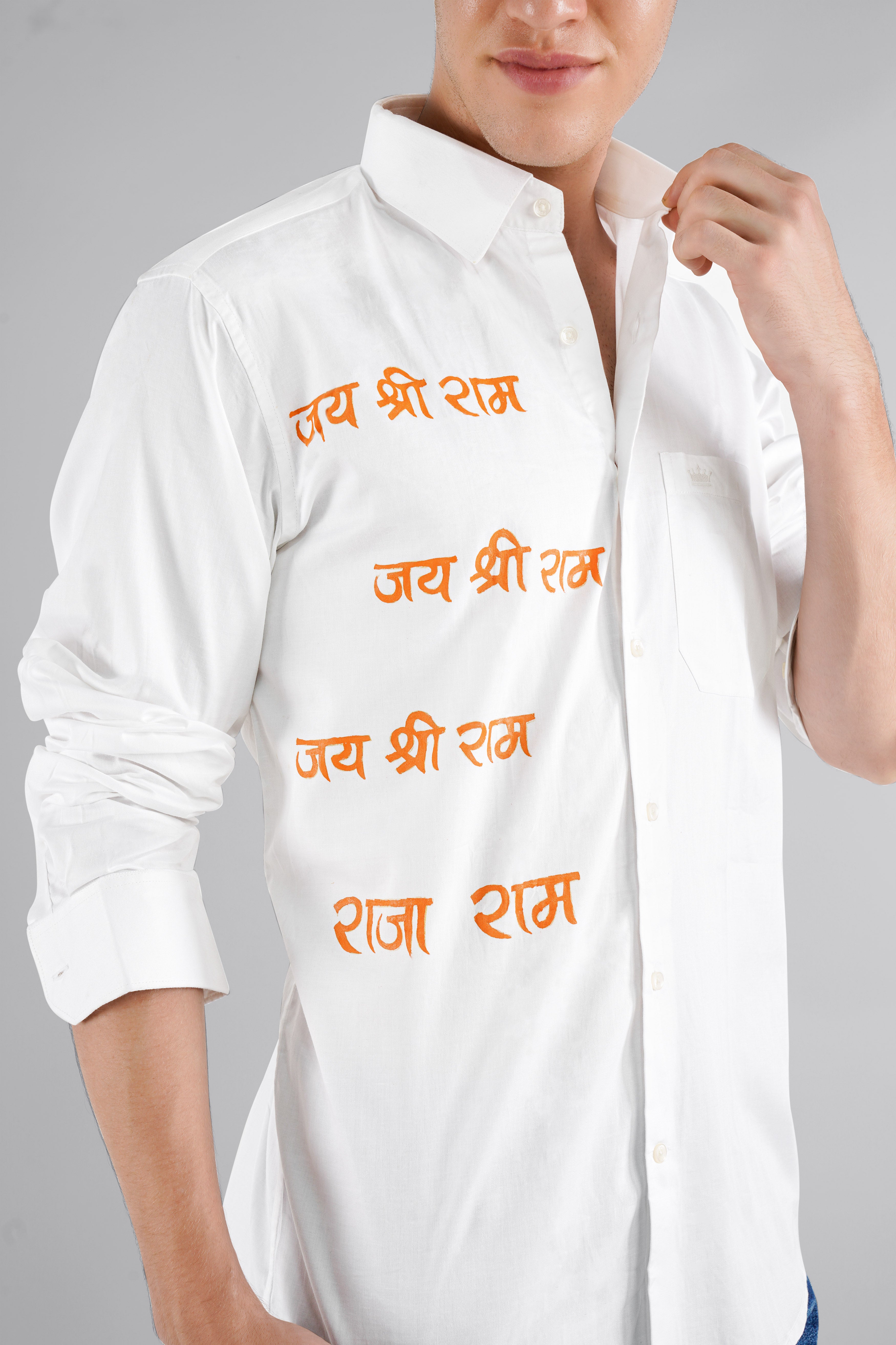Bright White with Tangerine Orange Jai Shree Ram Hand Painted Premium Cotton Designer Shirt