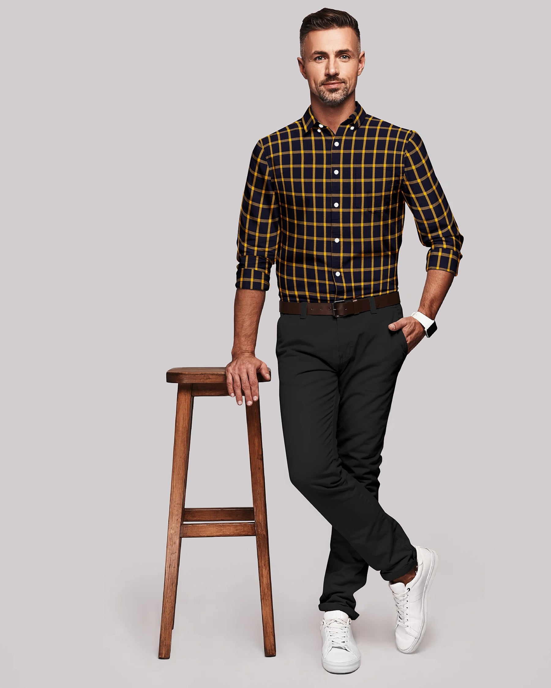 Jade Black with Yellow Windowpane Flannel Cotton SHIRT