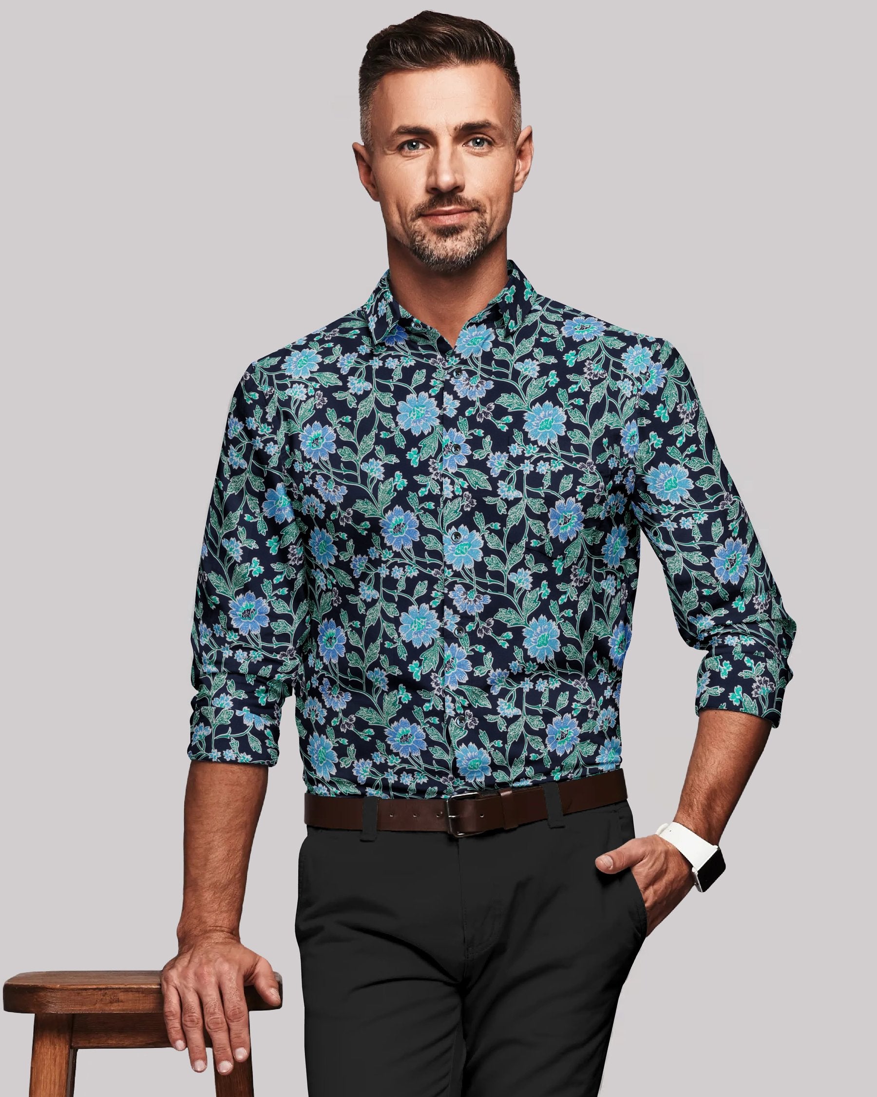 Blue Large Scale Flowers Print super soft Beach Shirt