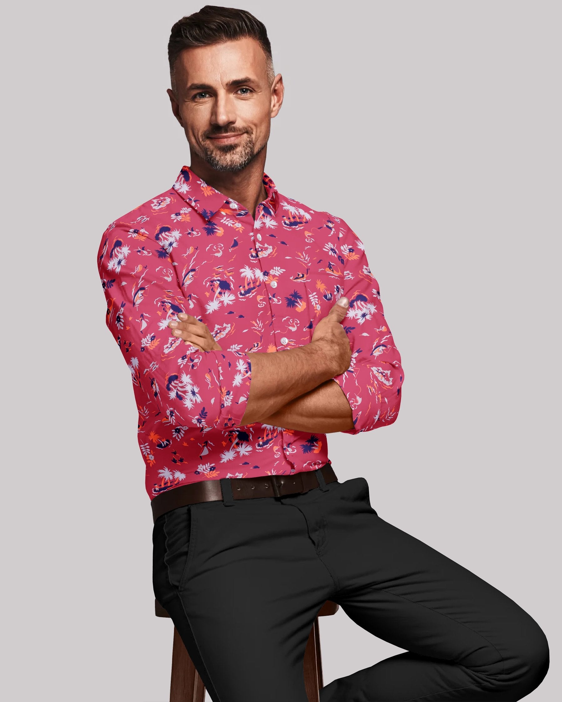 Hot Pink aqua Life Print Premium Cotton Shirt