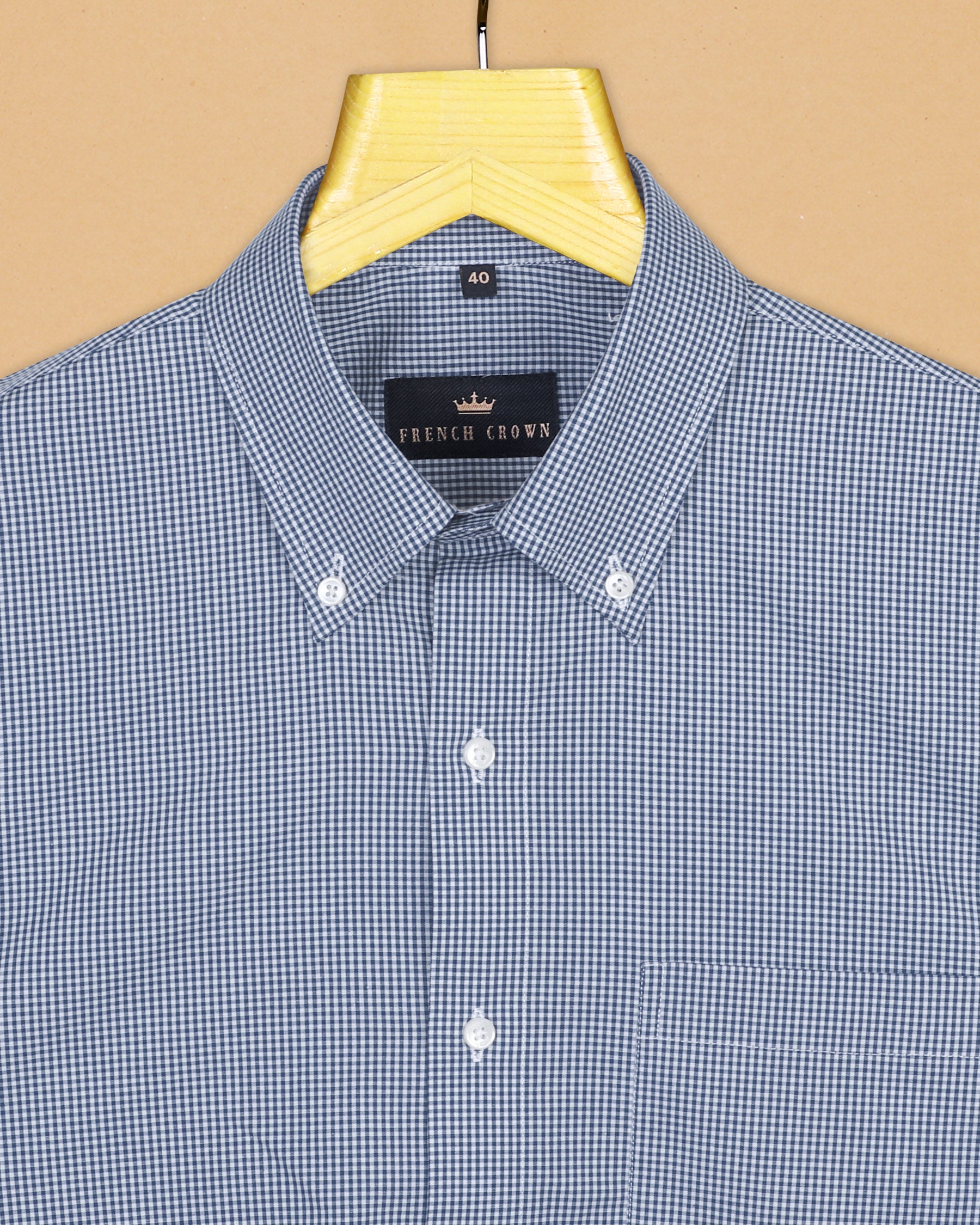 Mid blue Micro-checked Premium Cotton Shirt