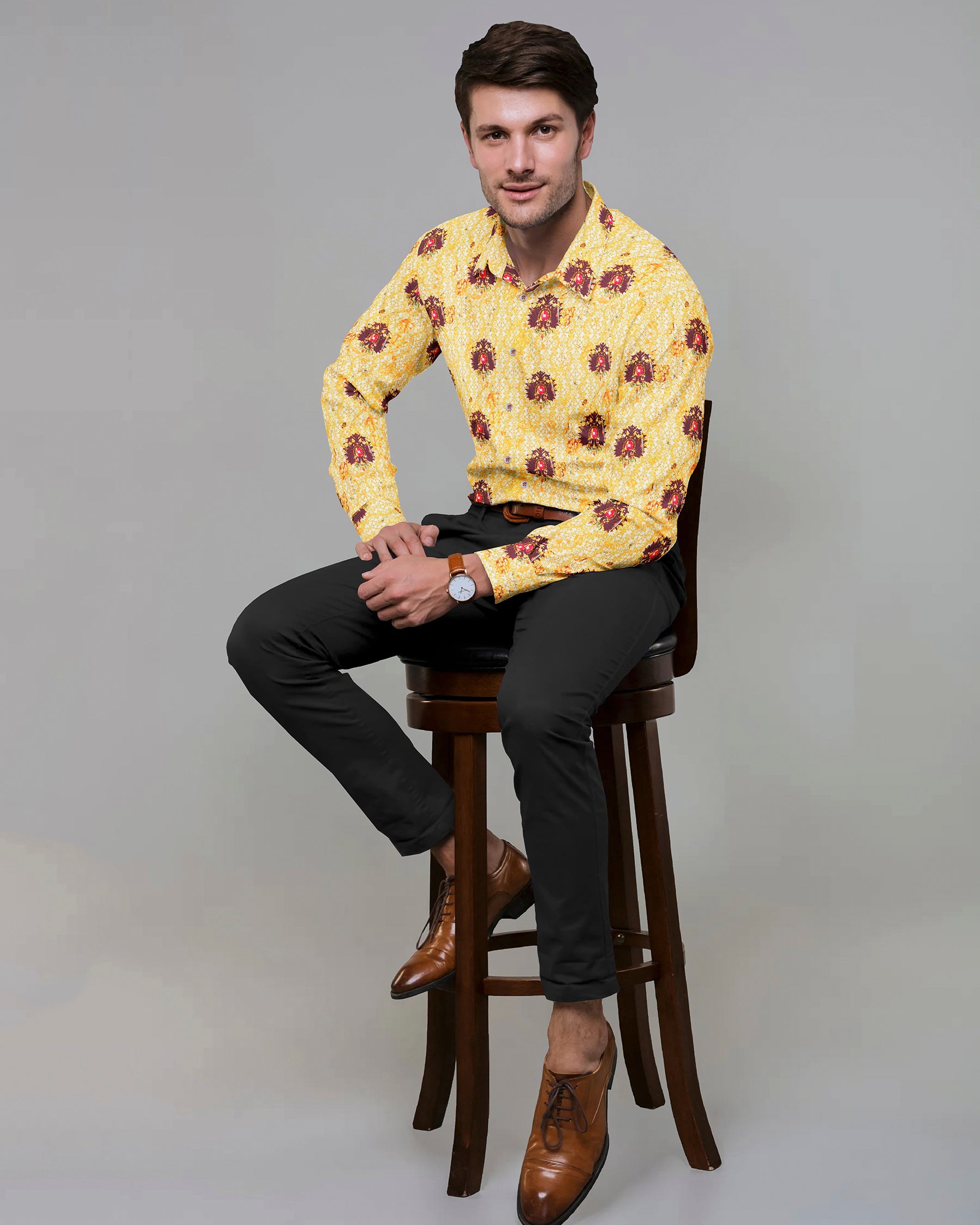 Sunshine Yellow Regal Throne Print Oxford Shirt