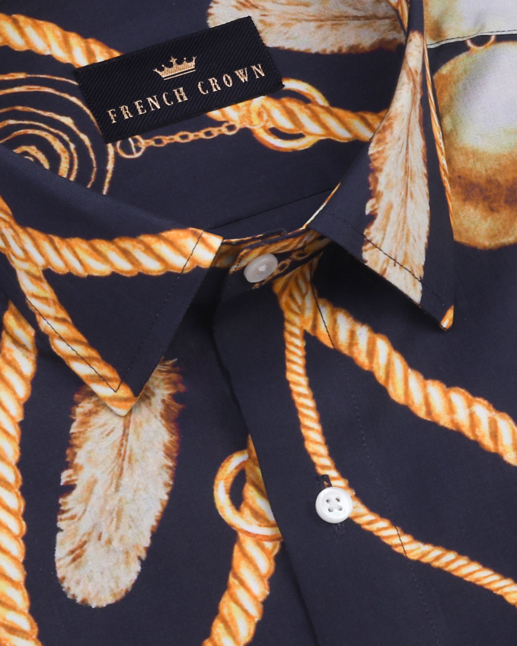 Black with Golden Rope, Feather and ball Print Premium Cotton Shirt