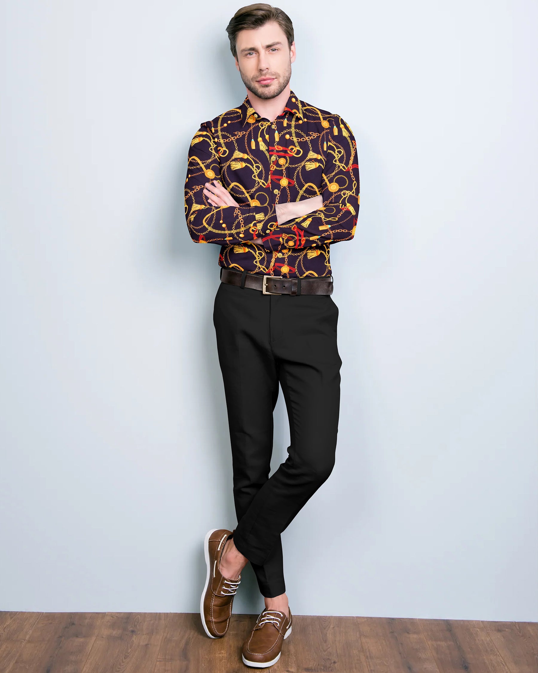 Purple with Golden chains and leather Belts Print Oxford Shirt