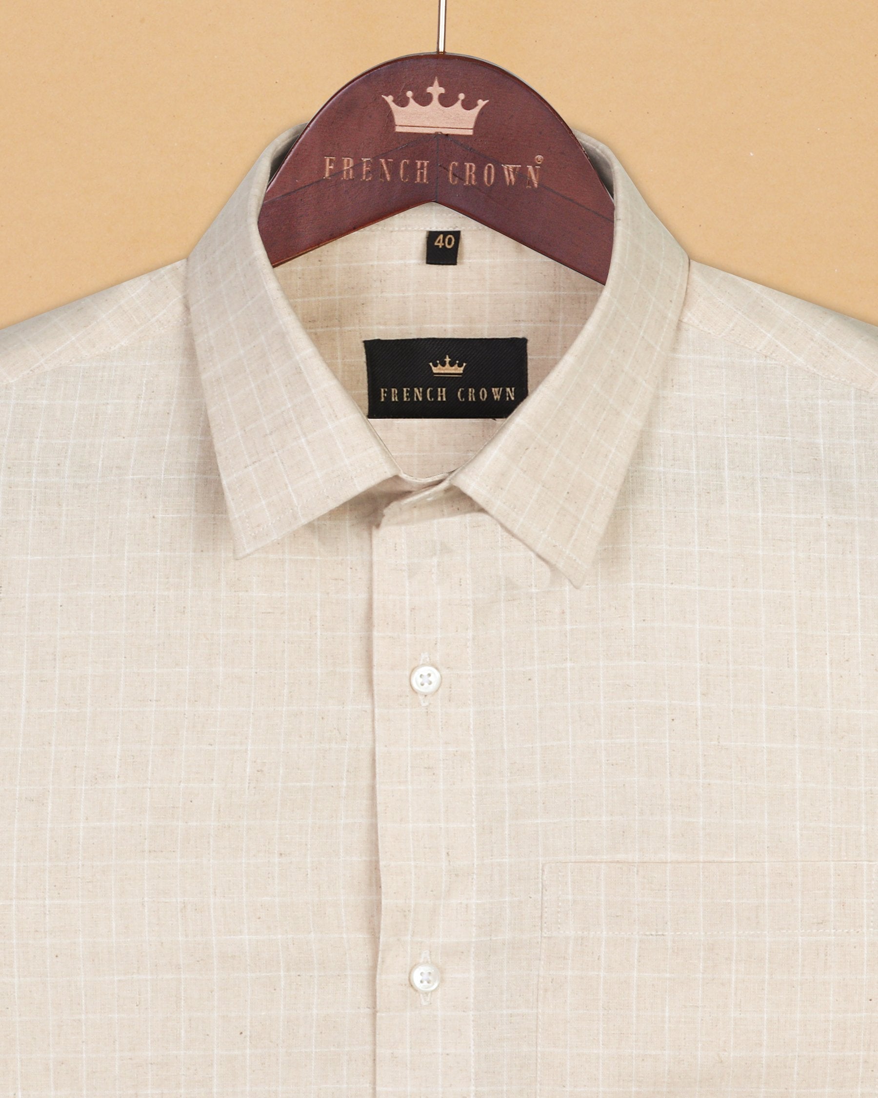 Beige Subtle Windowpane Luxurious Linen Shirt