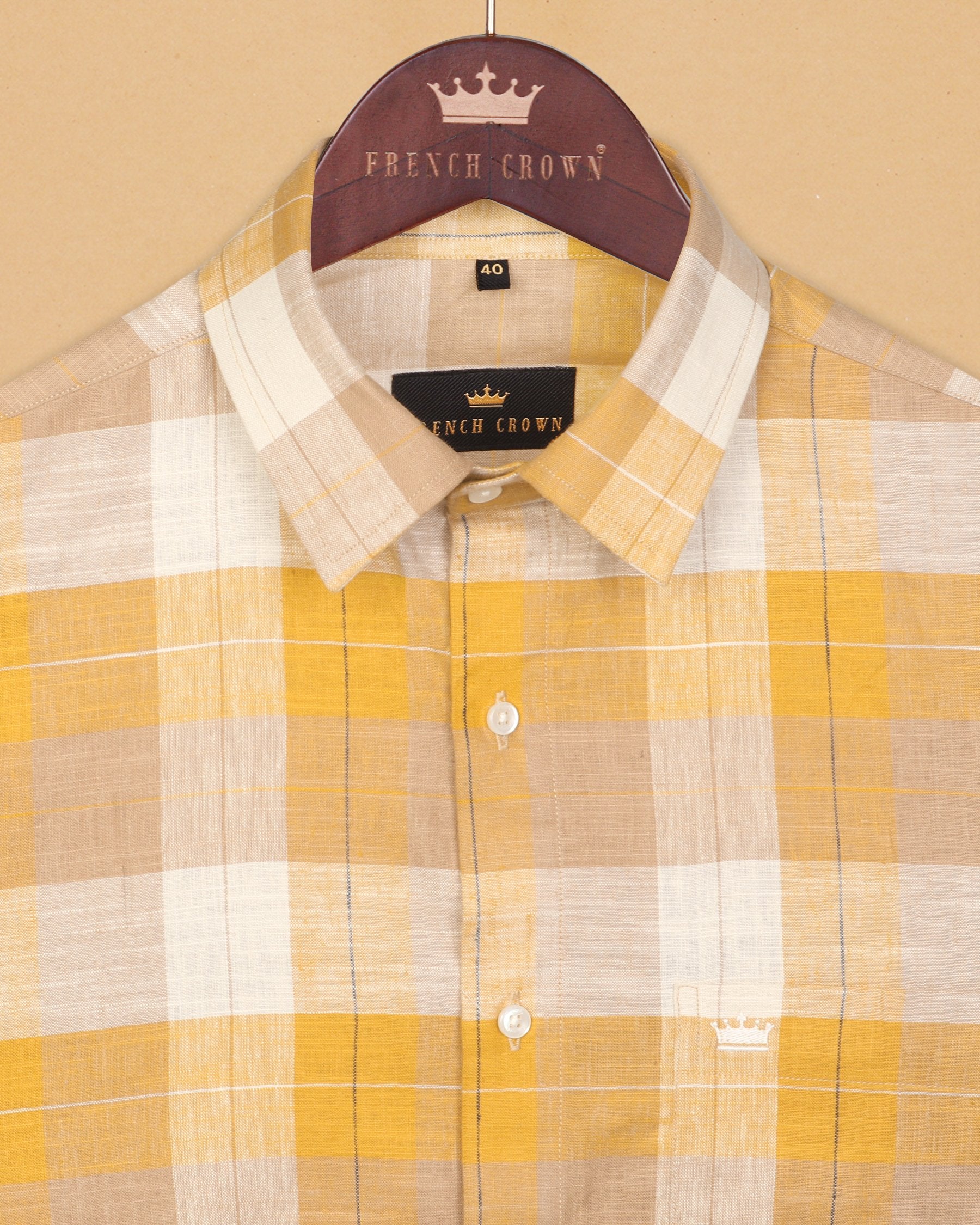 Mustard With Brown Plaid Luxurious Linen Shirt