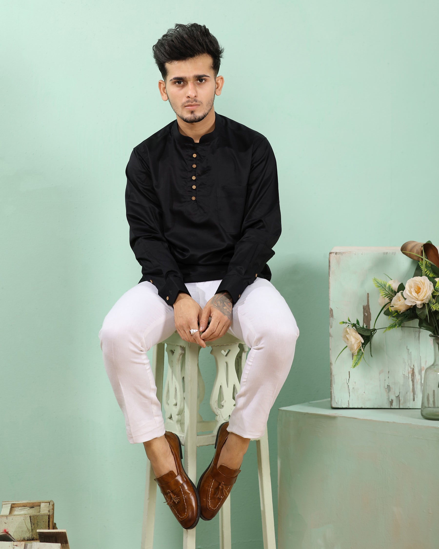 Jade Black Plain Solid Premium Cotton Indian Kurta Style Shirt For