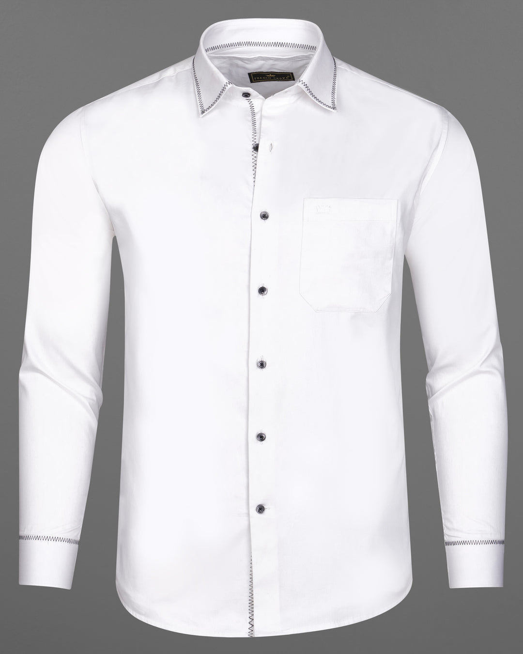 BRIGHT WHITE SUBTLE SHEEN ZIGZAG STITCHING PATTERNED DESIGNER SUPER SOFT GIZA COTTON SHIRT