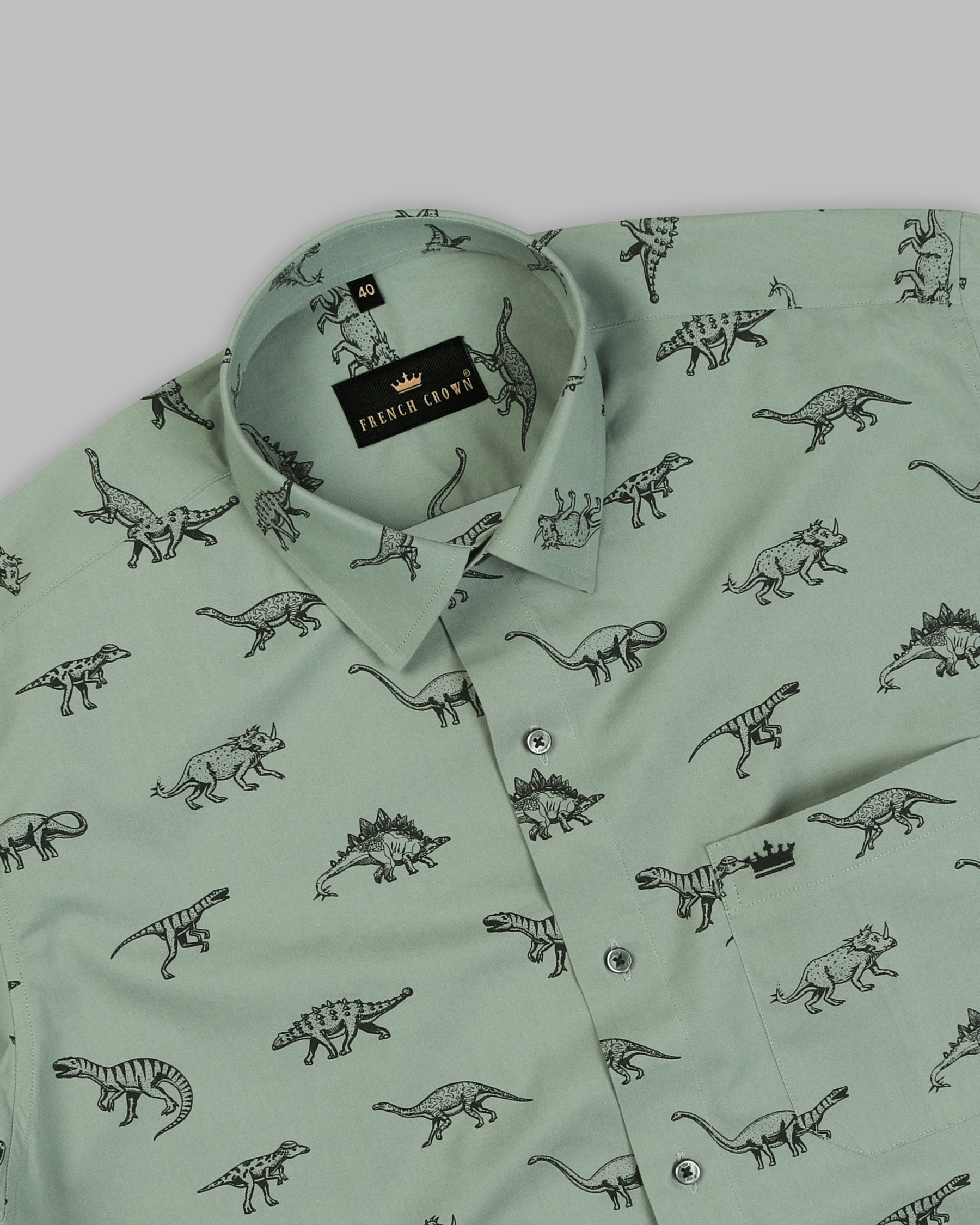 Greenish grey Dinosaur Printed Premium Cotton SHIRT