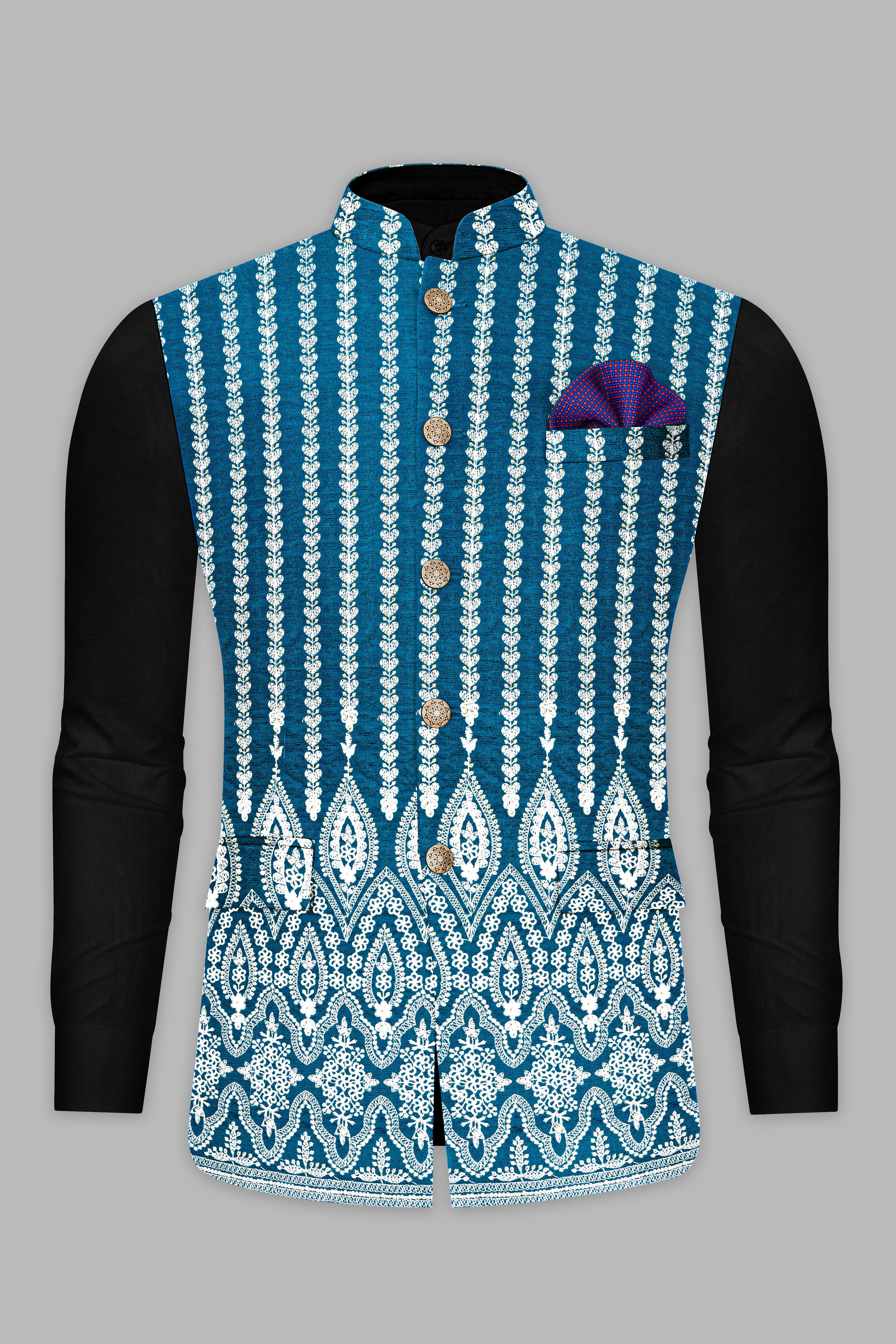 Cerulean Blue and White Thread Embroidered Nehru Jacket WC3518-36,  WC3518-38,  WC3518-40,  WC3518-42,  WC3518-44,  WC3518-46,  WC3518-48,  WC3518-50,  WC3518-52,  WC3518-54,  WC3518-56,  WC3518-58,  WC3518-60