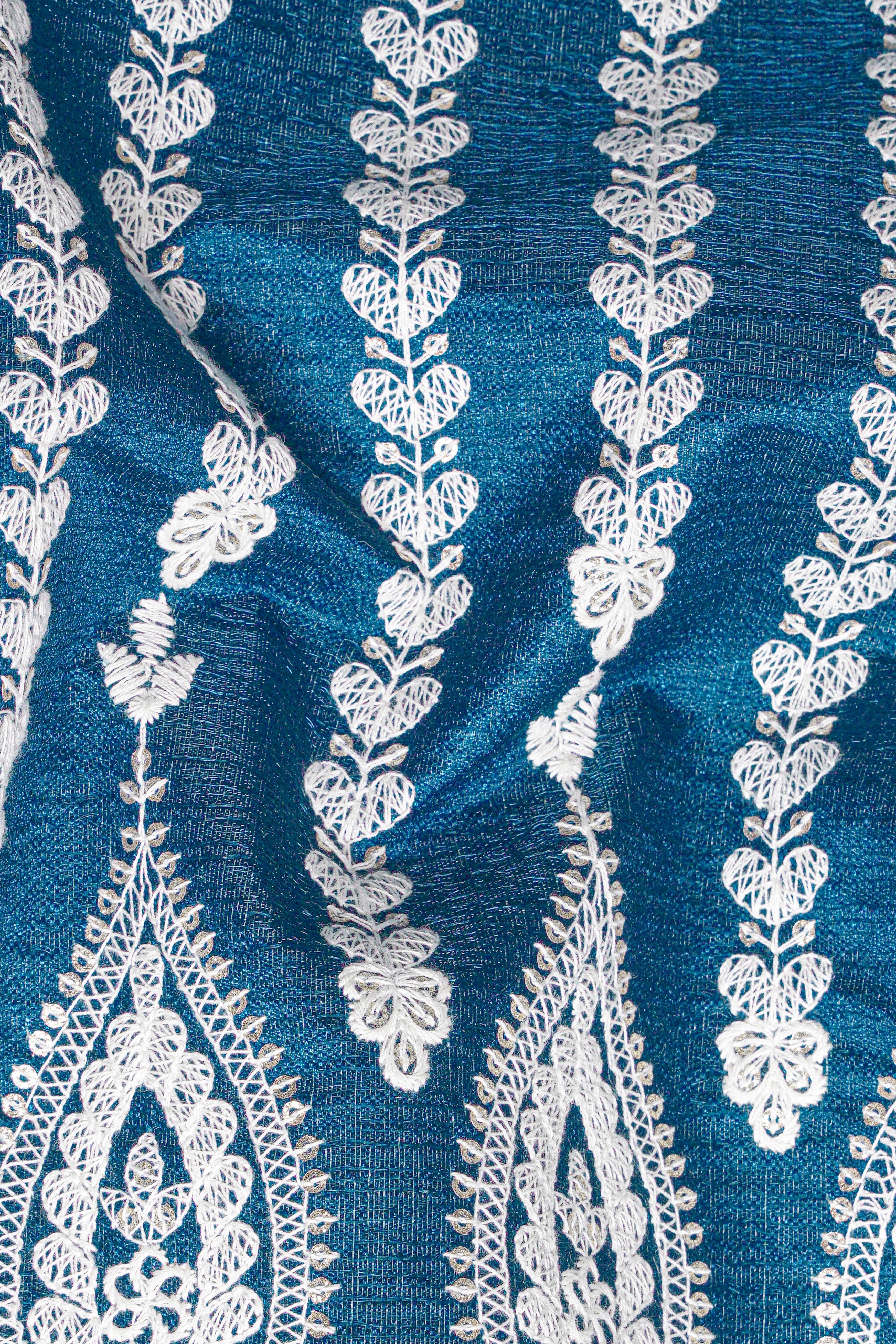 Cerulean Blue and White Thread Embroidered Nehru Jacket WC3518-36,  WC3518-38,  WC3518-40,  WC3518-42,  WC3518-44,  WC3518-46,  WC3518-48,  WC3518-50,  WC3518-52,  WC3518-54,  WC3518-56,  WC3518-58,  WC3518-60
