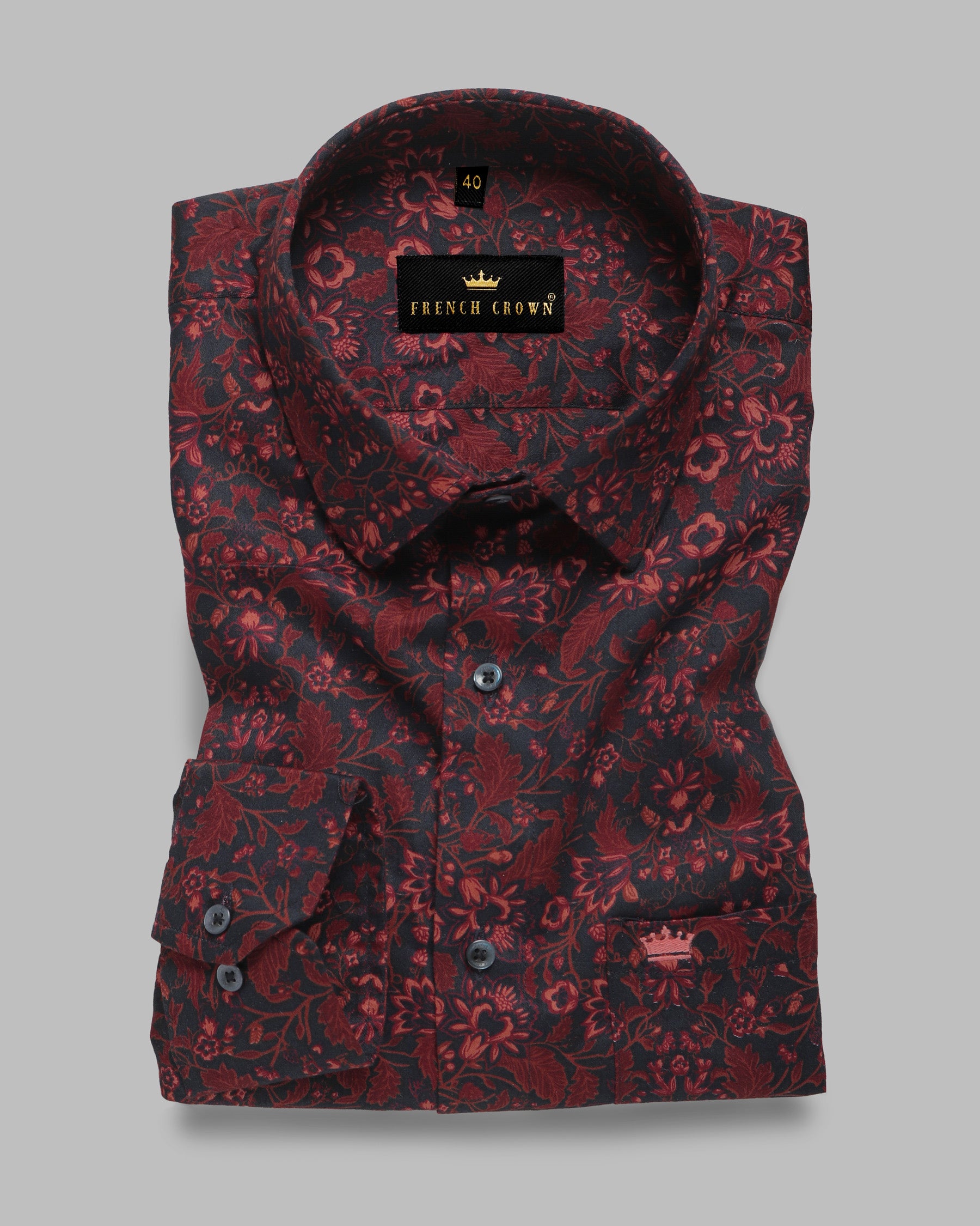 Navy with Maroon Flowers Printed Premium Cotton SHIRT