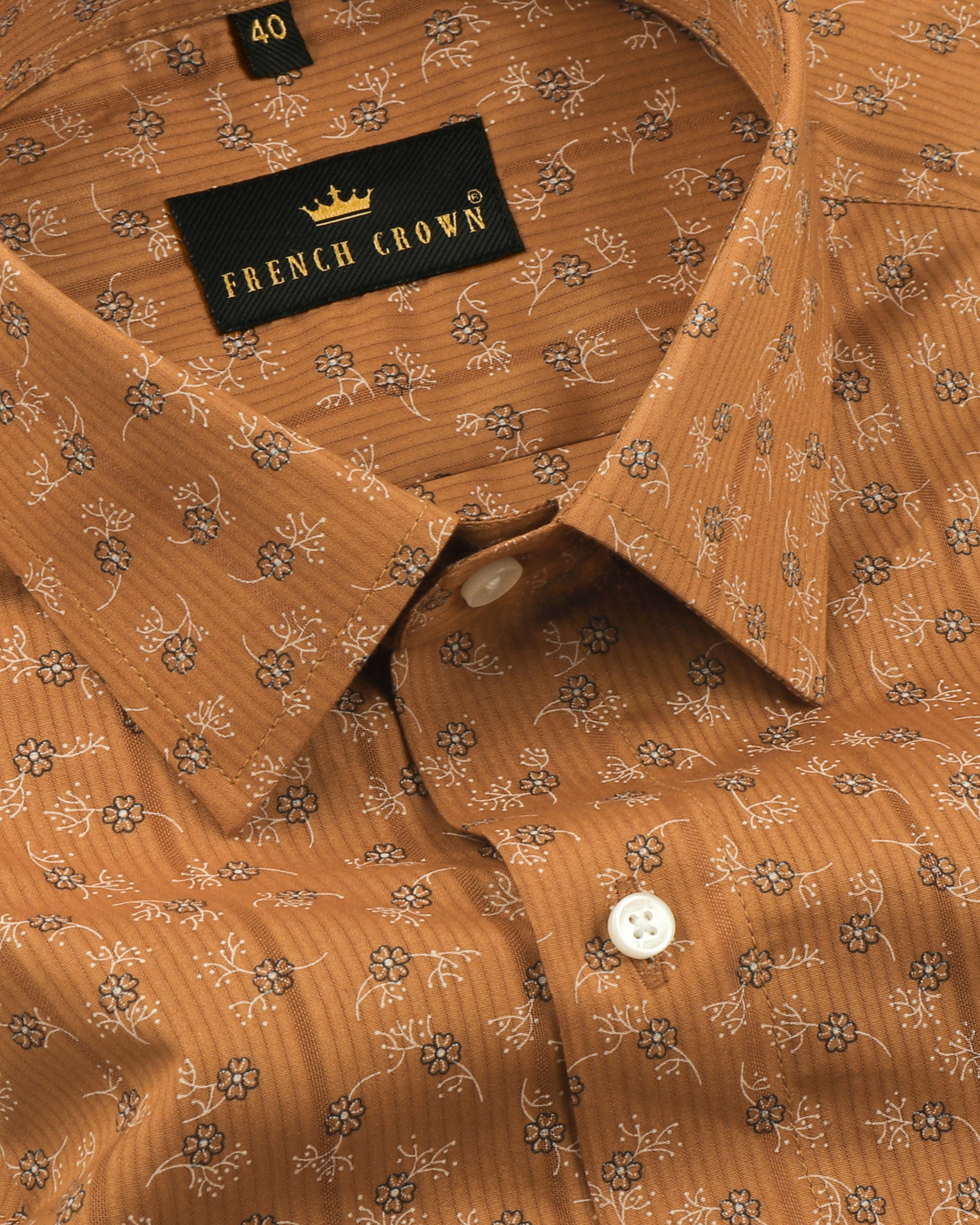 Brown with Black flowers Printed Dobby Patterned Giza Cotton shirt
