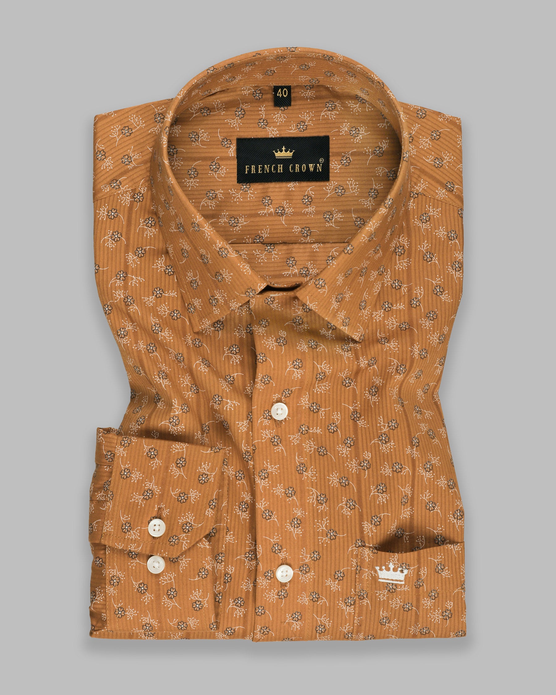 Brown with Black flowers Printed Dobby Patterned Giza Cotton shirt