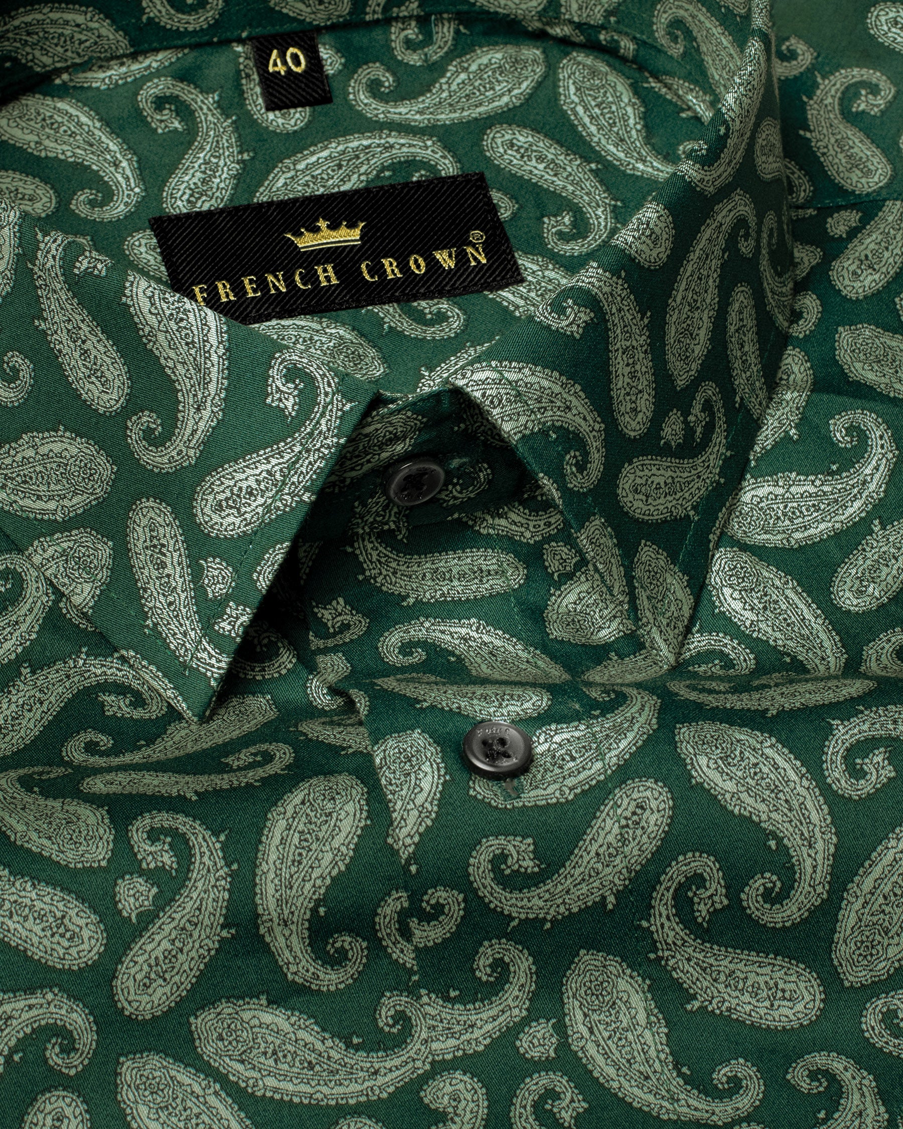 Bottle Green Paisley Print Premium Satin Shirt 4640-BLK-38, 4640-BLK-40, 4640-BLK-H-40, 4640-BLK-44, 4640-BLK-H-44, 4640-BLK-46, 4640-BLK-H-46, 4640-BLK-H-48, 4640-BLK-50, 4640-BLK-H-50, 4640-BLK-52, 4640-BLK-48, 4640-BLK-H-52, 4640-BLK-39, 4640-BLK-H-39, 4640-BLK-H-38, 4640-BLK-42, 4640-BLK-H-42